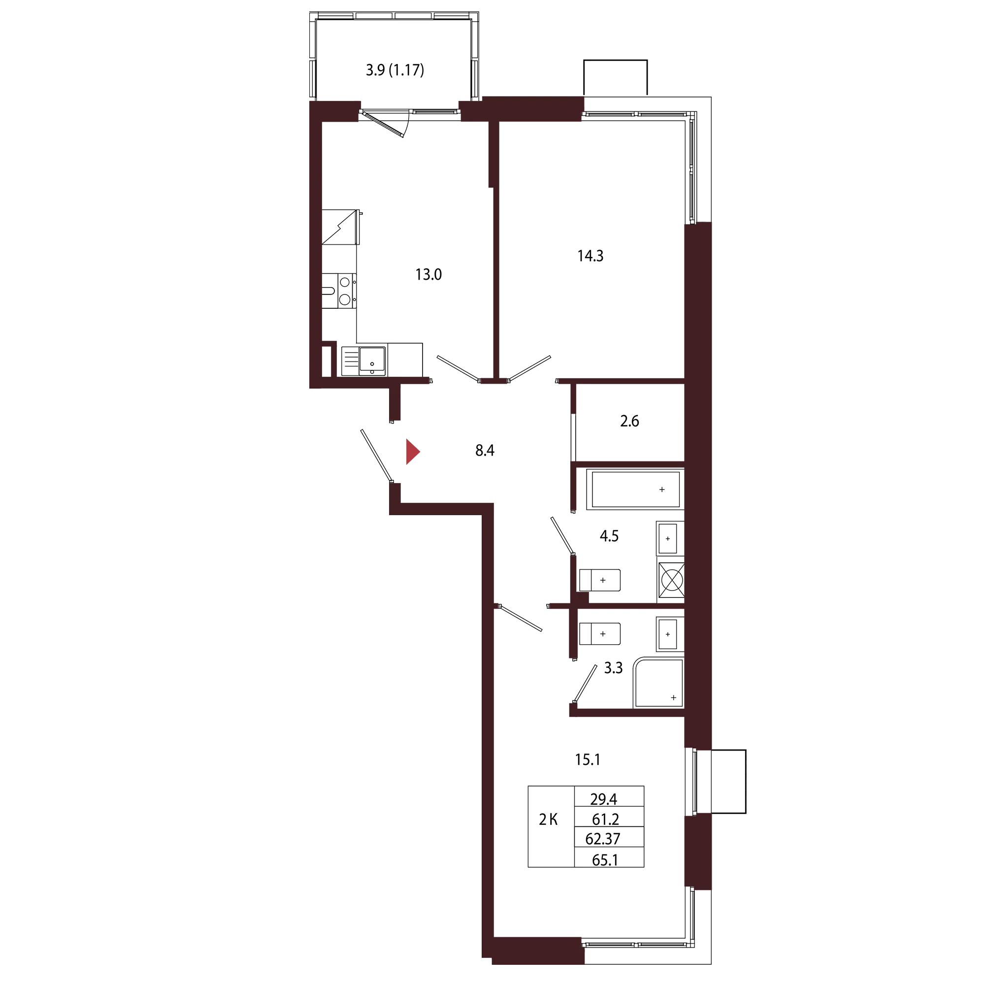 Планировка 2-комнатная 62,4 м² в ЖК «Город-парк «Лисино» — Город-парк «Лисино»