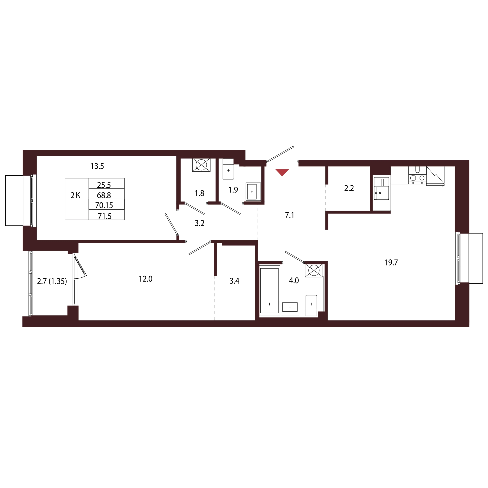 Планировка 2-комнатная 70,2 м² в ЖК «Город-парк «Лисино» — Город-парк «Лисино»