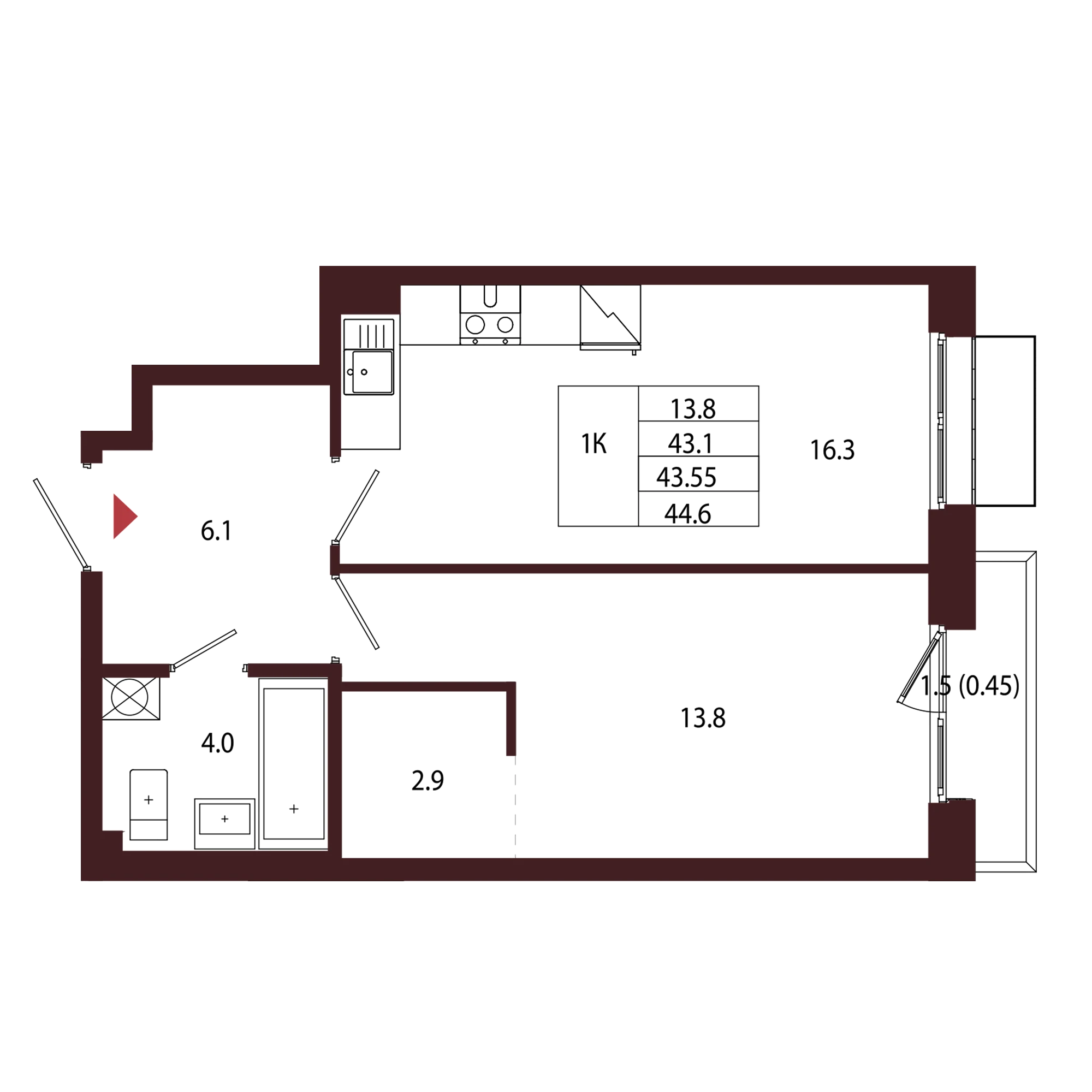 Планировка 1-комнатная 43,5 м² в ЖК «Город-парк «Лисино» — Город-парк «Лисино»