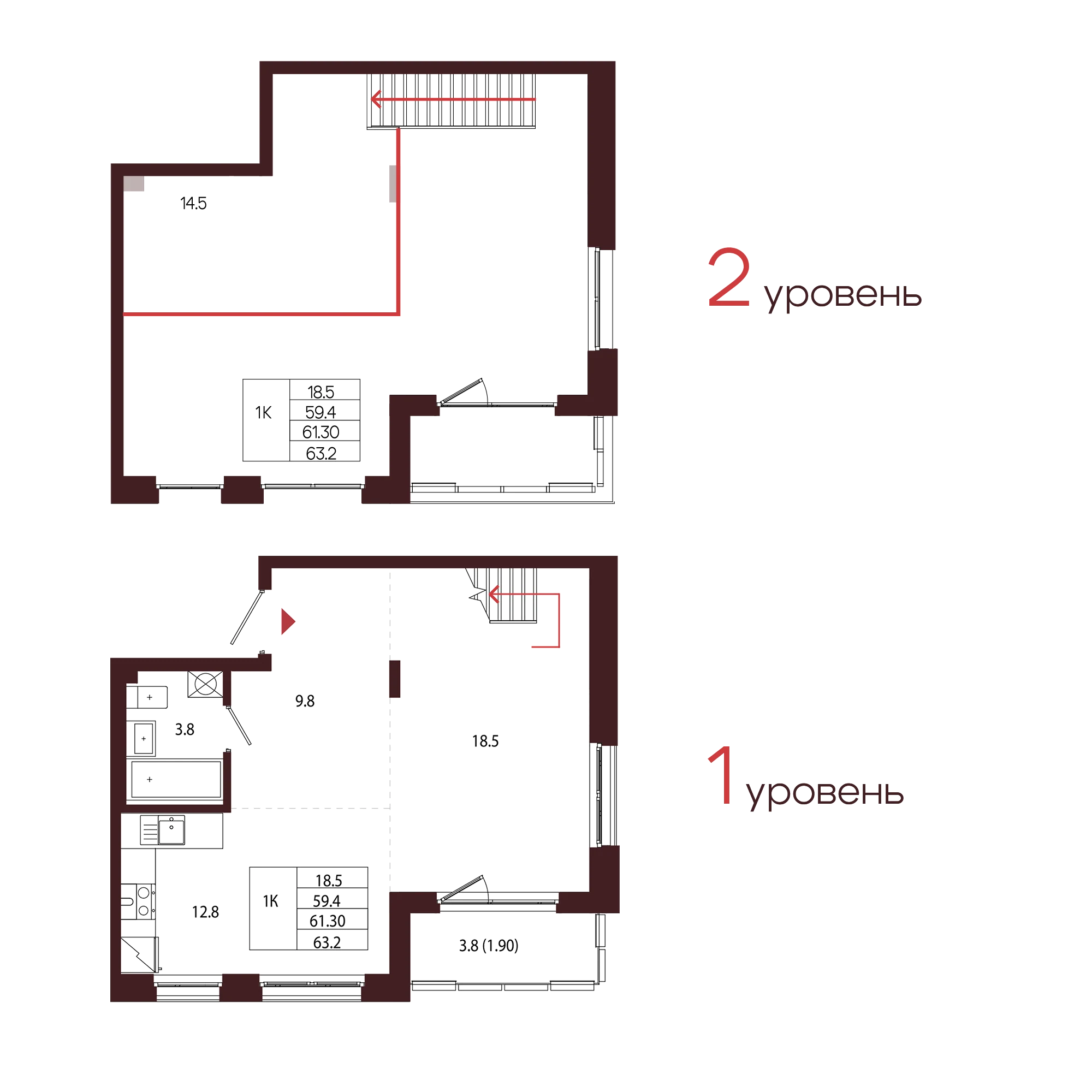 Планировка 1-комнатная 61,3 м² в ЖК «Город-парк «Лисино» — Город-парк «Лисино»
