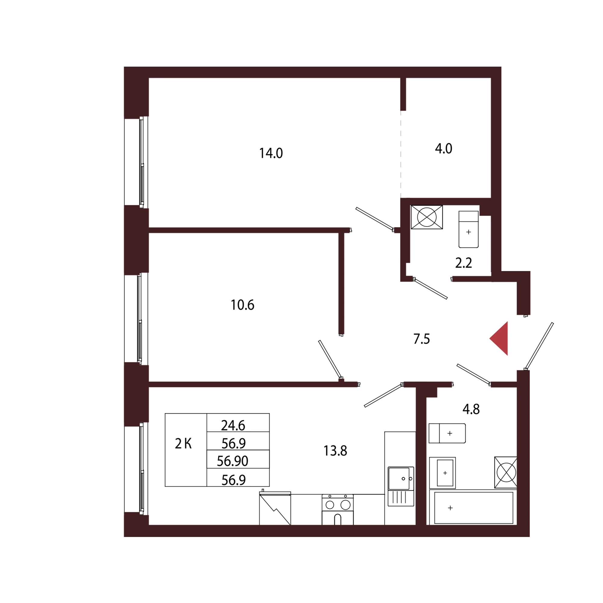 Планировка 2-комнатная 56,9 м² в ЖК «Город-парк «Лисино» — Город-парк «Лисино»