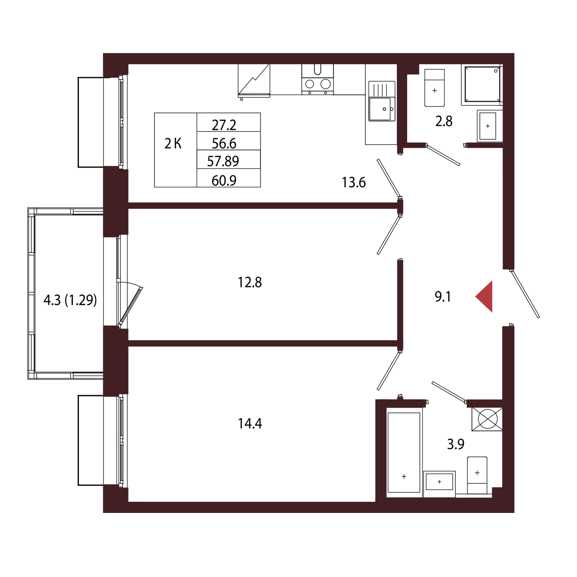 Планировка 2-комнатная 57,9 м² в ЖК «Город-парк «Лисино» — Город-парк «Лисино»