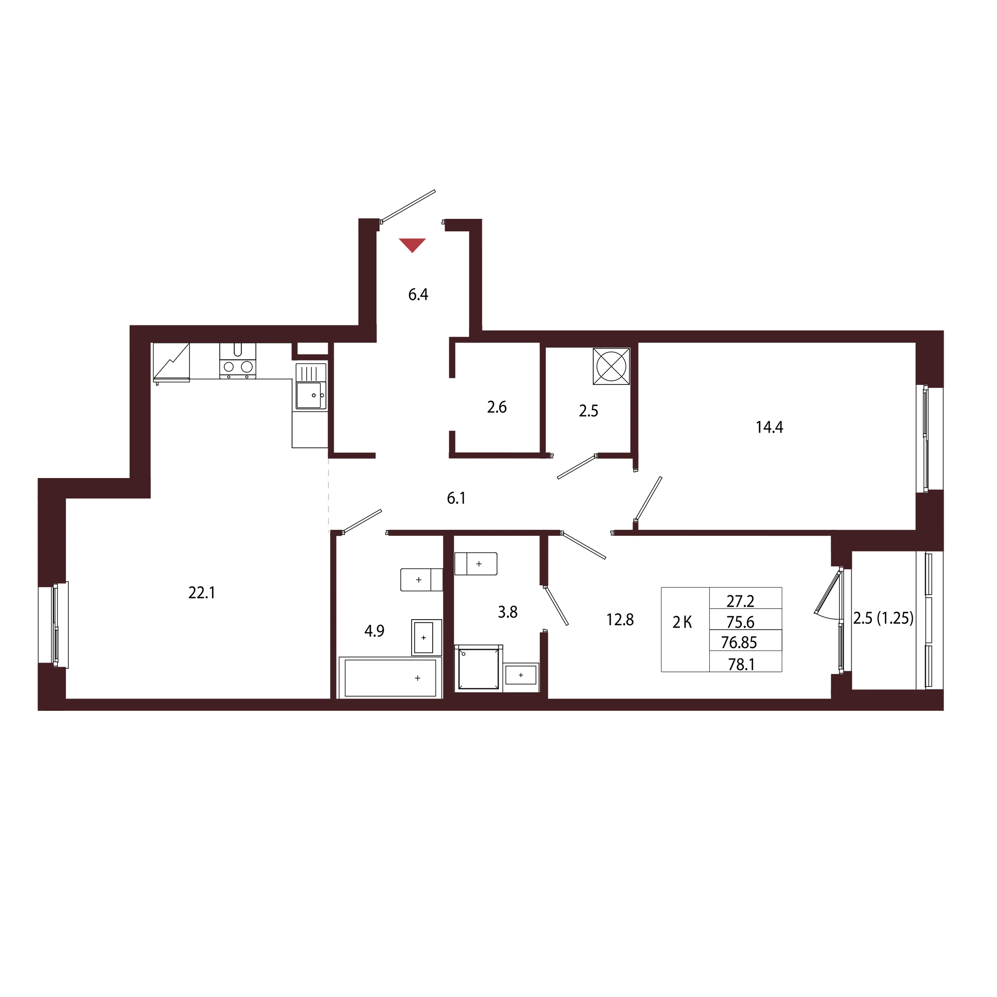 Планировка 2-комнатная 76,8 м² в ЖК «Город-парк «Лисино» — Город-парк «Лисино»