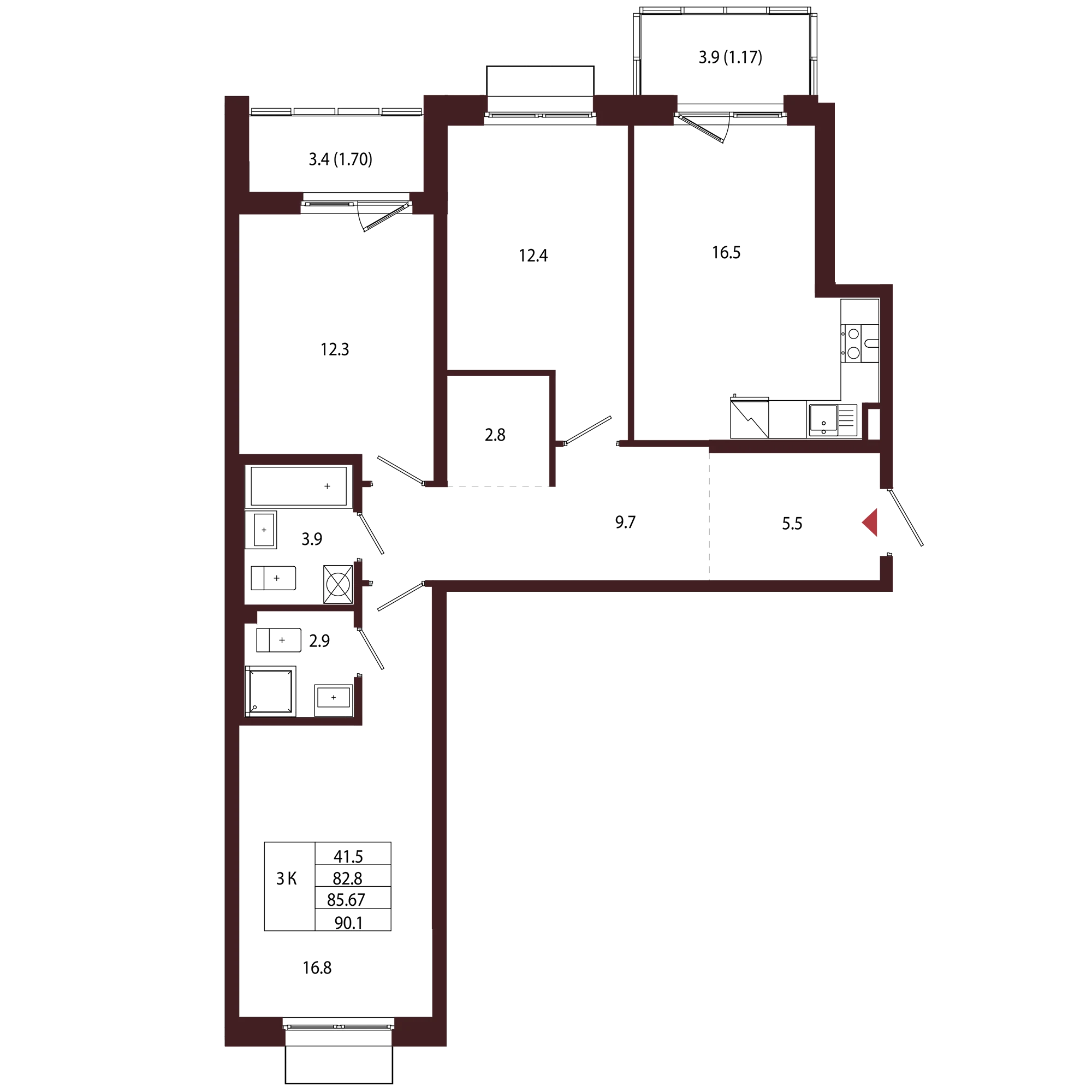 Планировка 3-комнатная 85,7 м² в ЖК «Город-парк «Лисино» — Город-парк «Лисино»