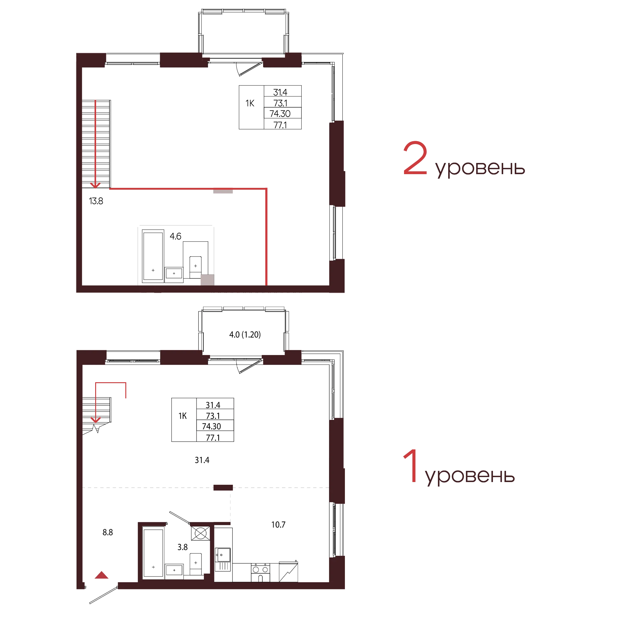 Планировка 1-комнатная 74,3 м² в ЖК «Город-парк «Лисино» — Город-парк «Лисино»