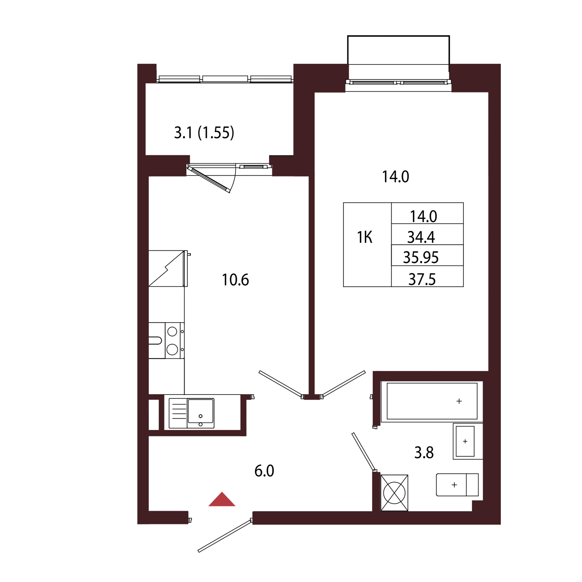 Планировка 1-комнатная 36 м² в ЖК «Город-парк «Лисино» — Город-парк «Лисино»