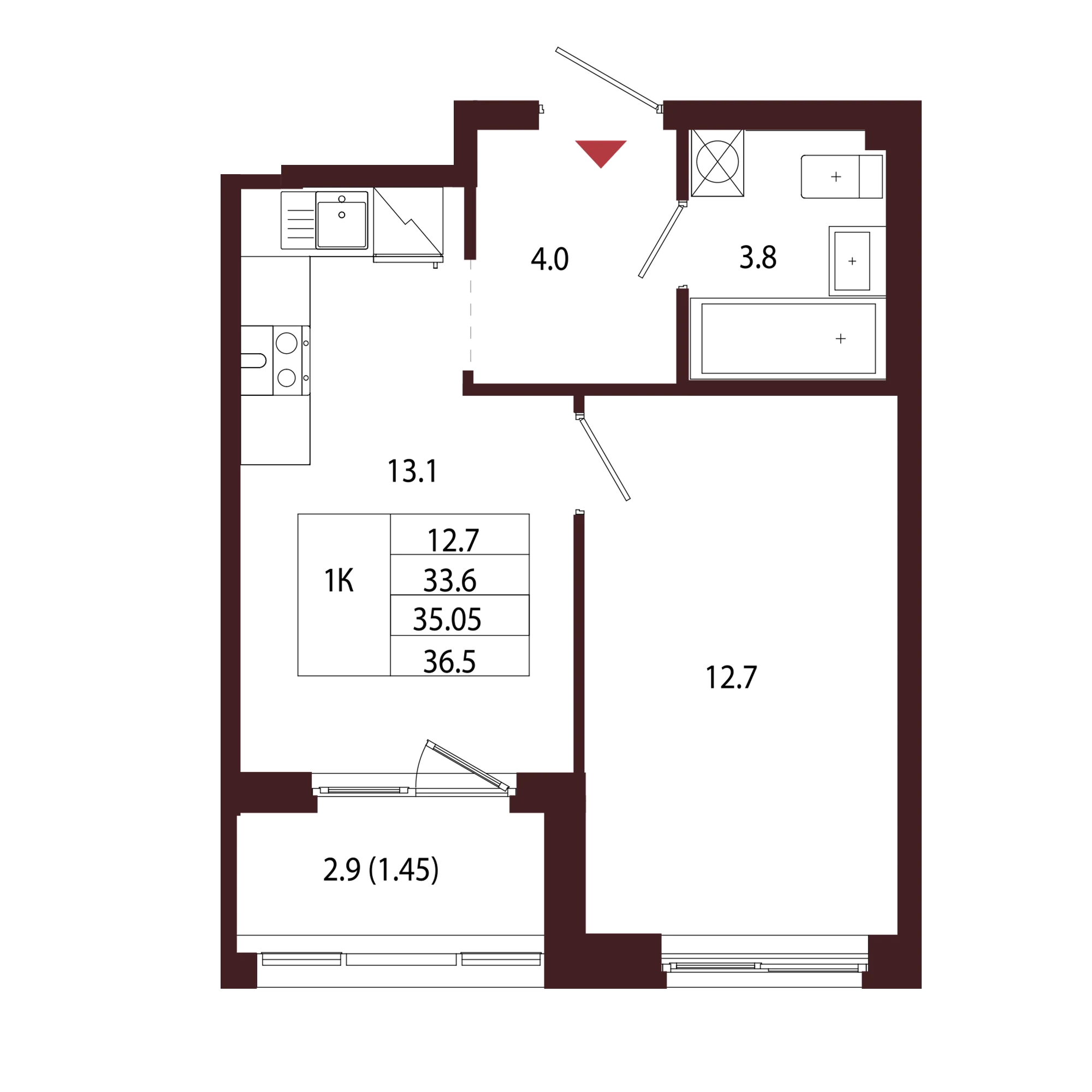 Планировка 1-комнатная 35 м² в ЖК «Город-парк «Лисино» — Город-парк «Лисино»