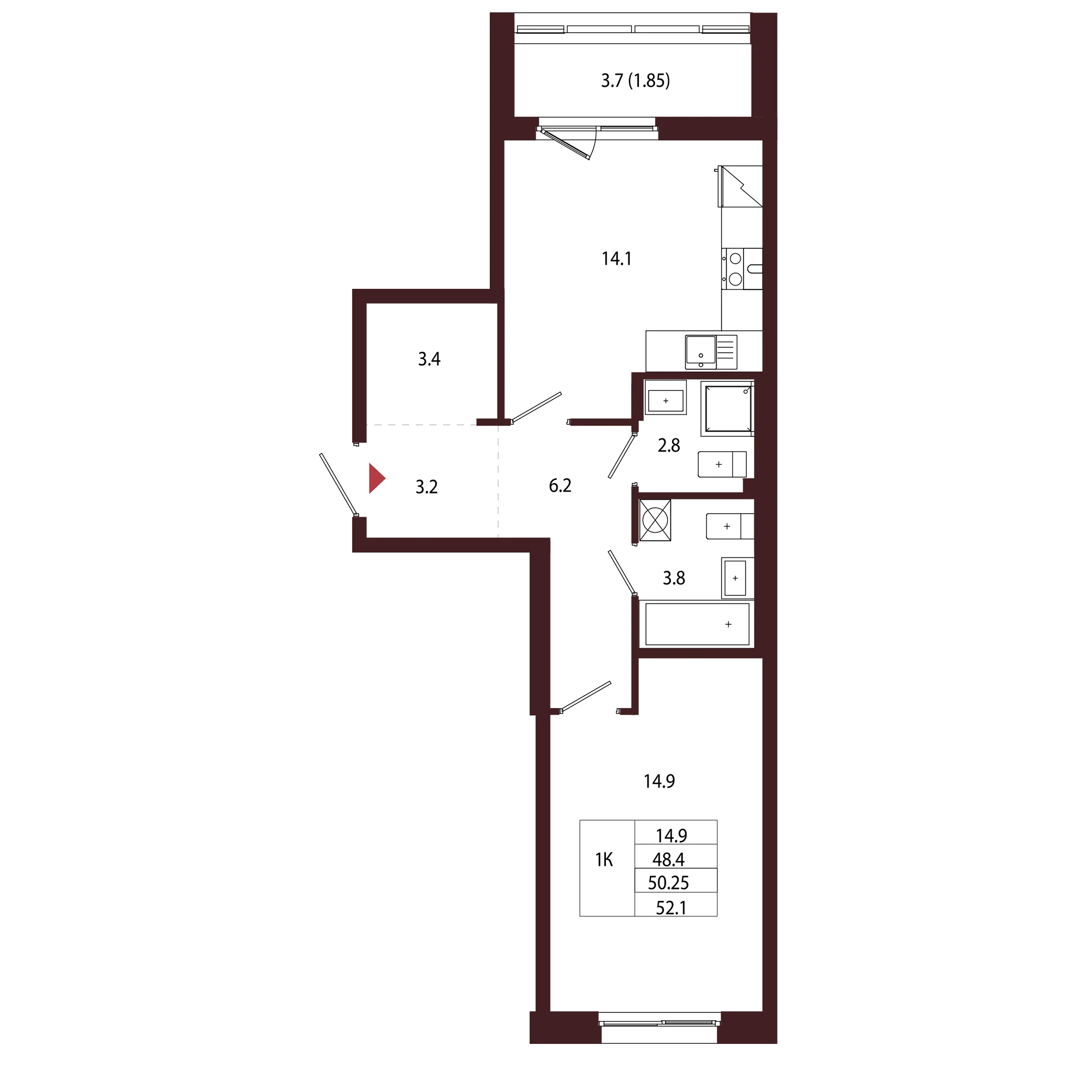 Планировка 1-комнатная 50,2 м² в ЖК «Город-парк «Лисино» — Город-парк «Лисино»