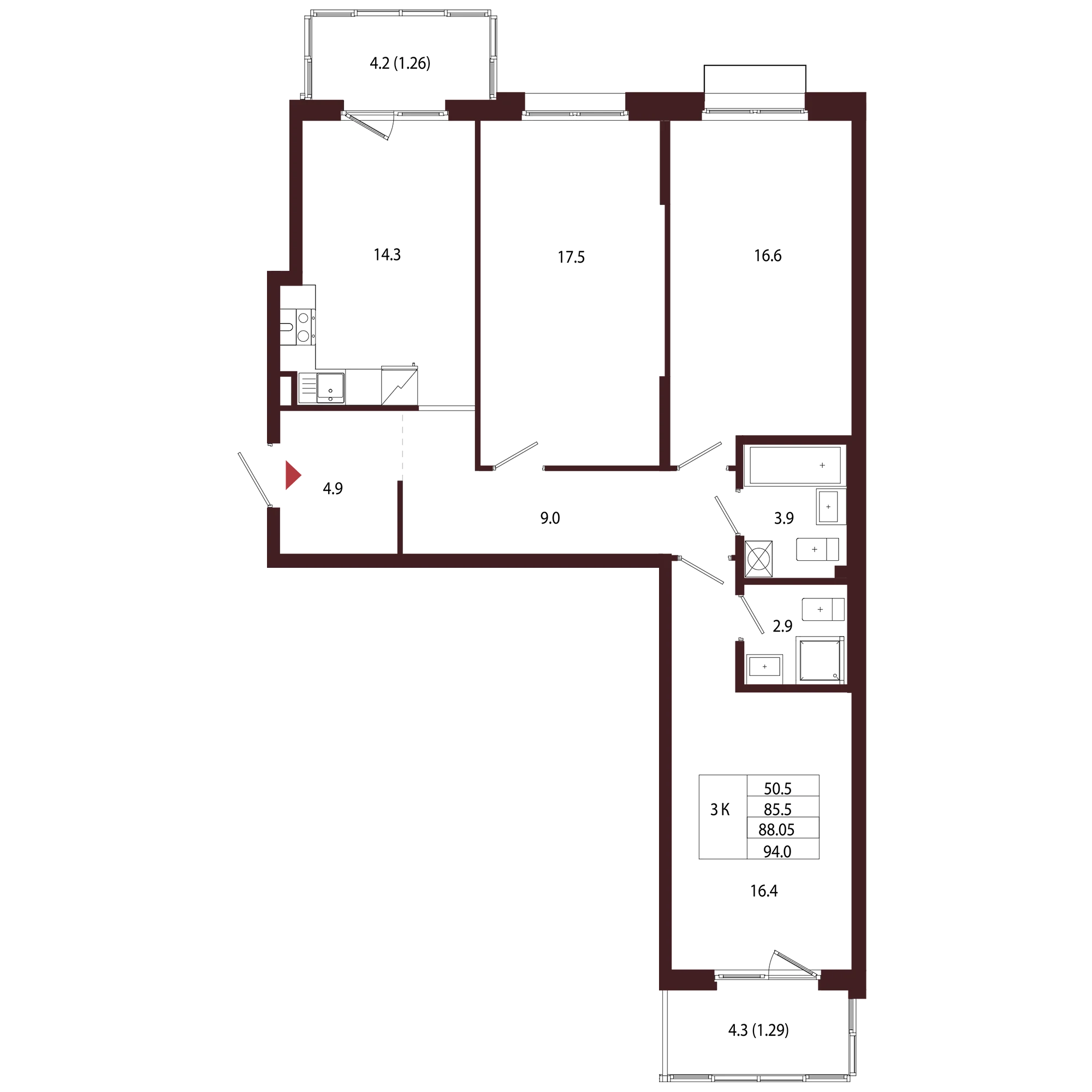 Планировка 3-комнатная 88 м² в ЖК «Город-парк «Лисино» — Город-парк «Лисино»