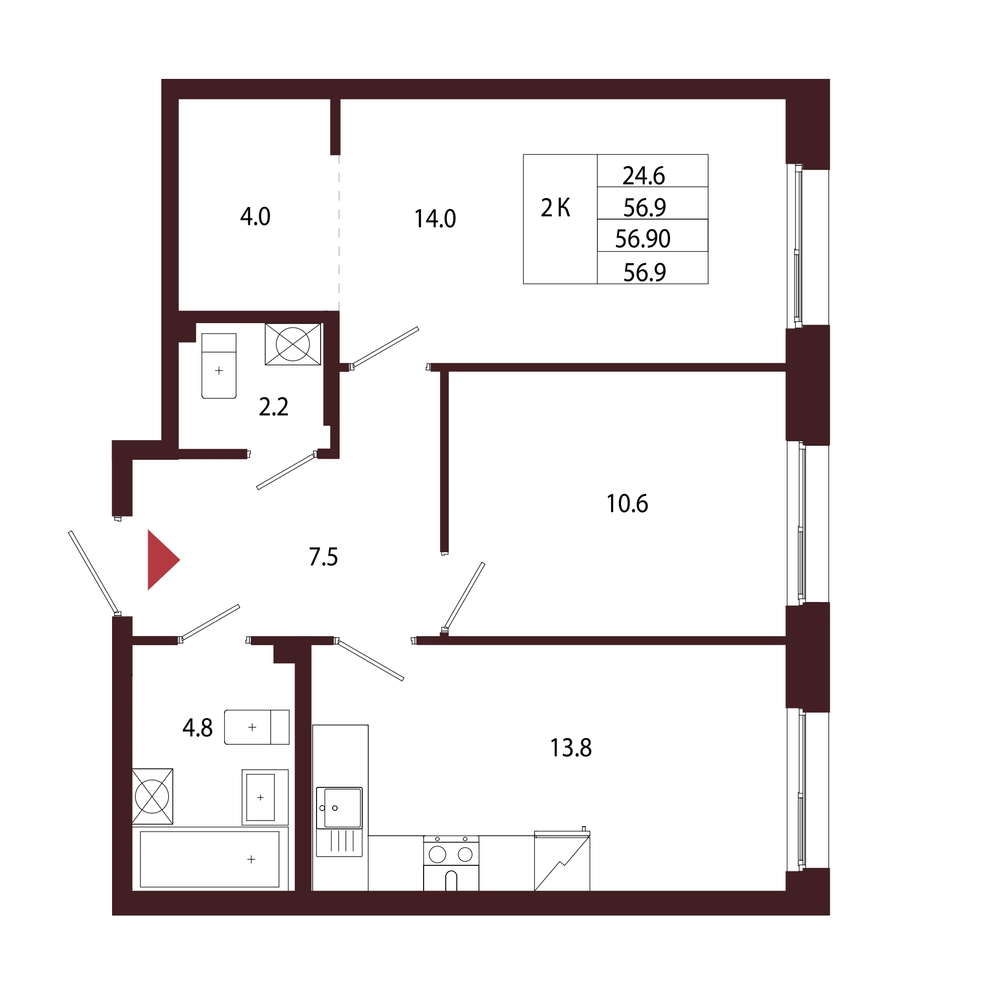 Планировка 2-комнатная 56,9 м² в ЖК «Город-парк «Лисино» — Город-парк «Лисино»