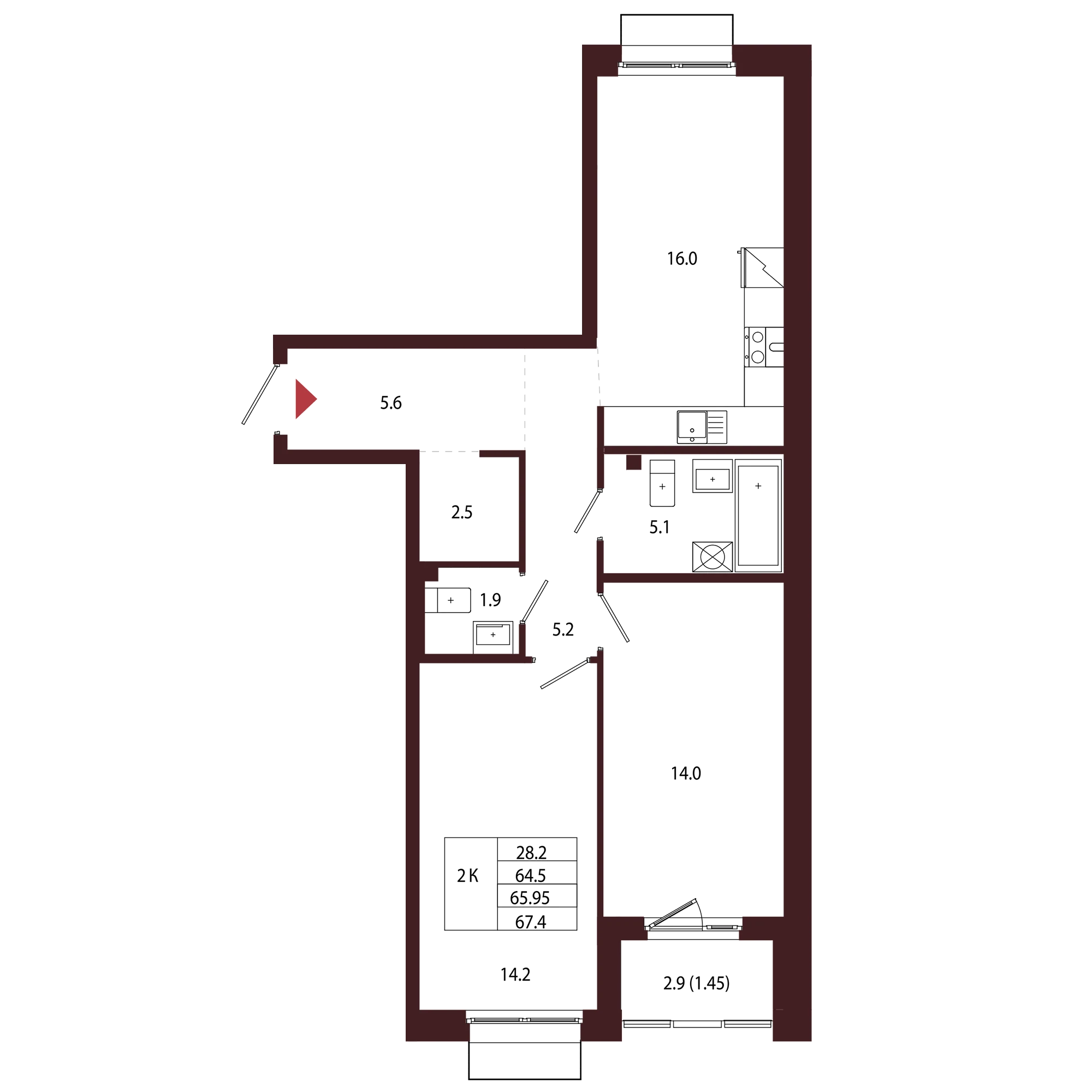 Планировка 2-комнатная 66 м² в ЖК «Город-парк «Лисино» — Город-парк «Лисино»
