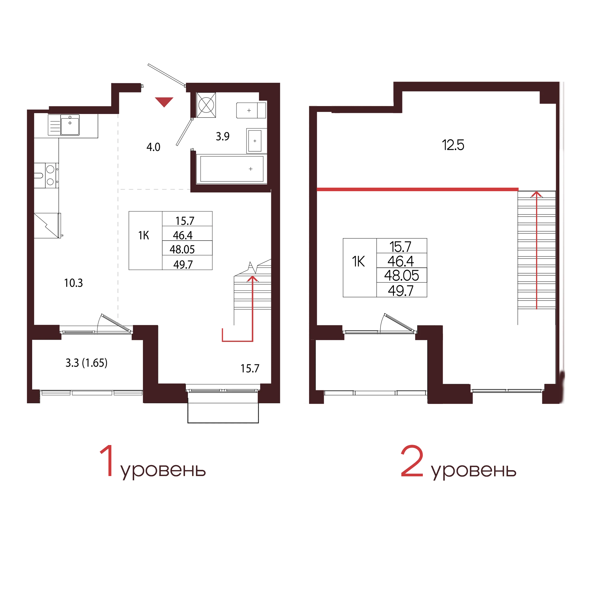 Планировка 1-комнатная 48 м² в ЖК «Город-парк «Лисино» — Город-парк «Лисино»
