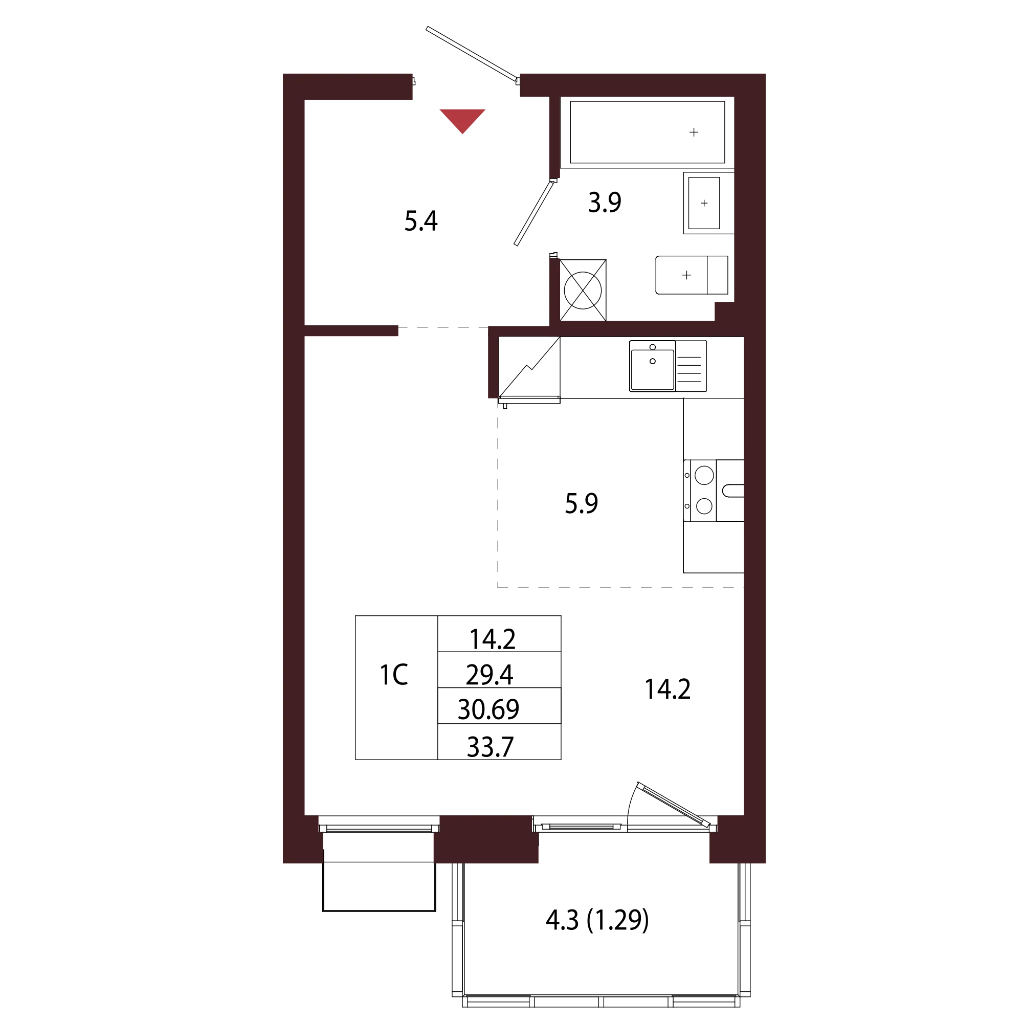 Планировка 1-комнатная 30,7 м² в ЖК «Город-парк «Лисино» — Город-парк «Лисино»