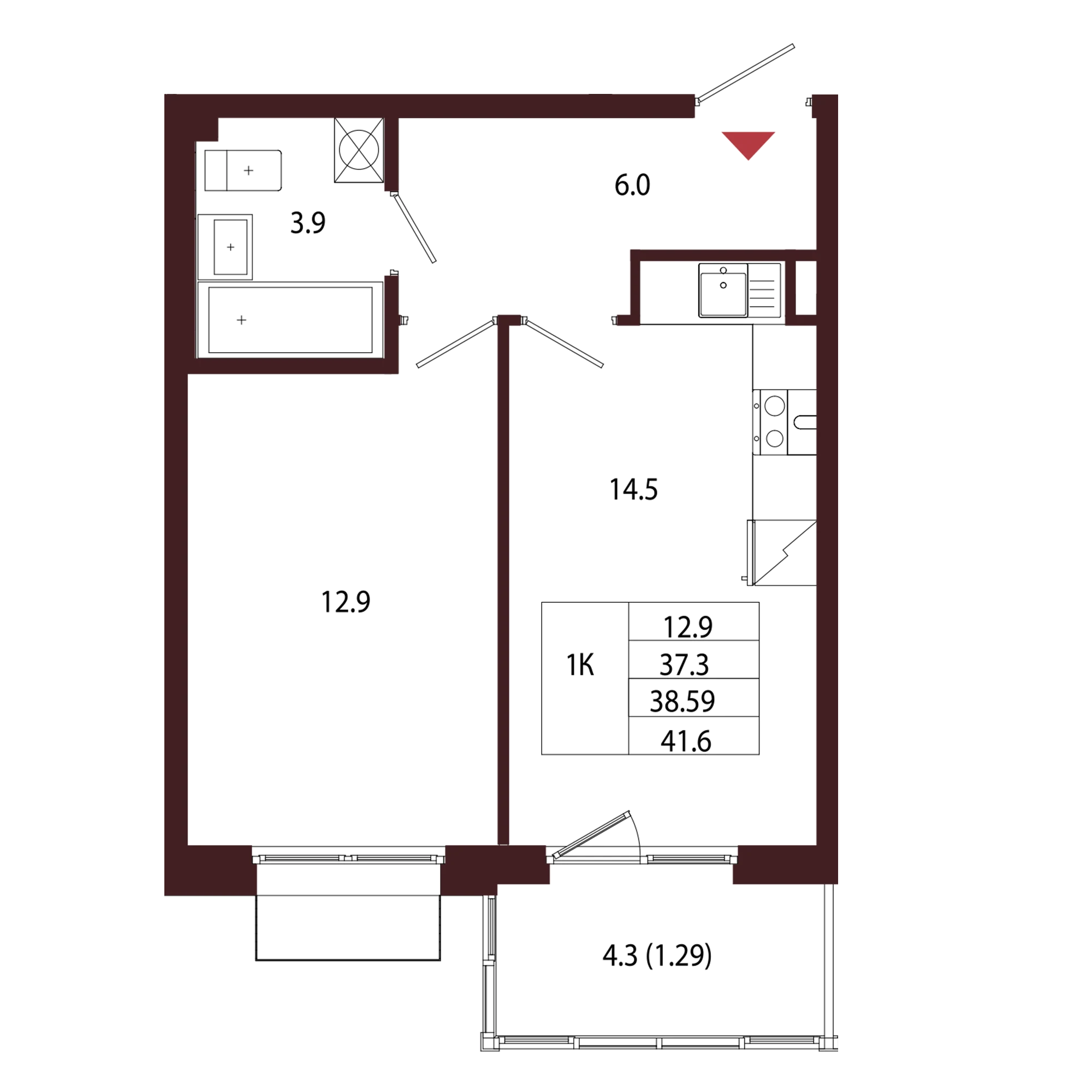 Планировка 1-комнатная 38,6 м² в ЖК «Город-парк «Лисино» — Город-парк «Лисино»