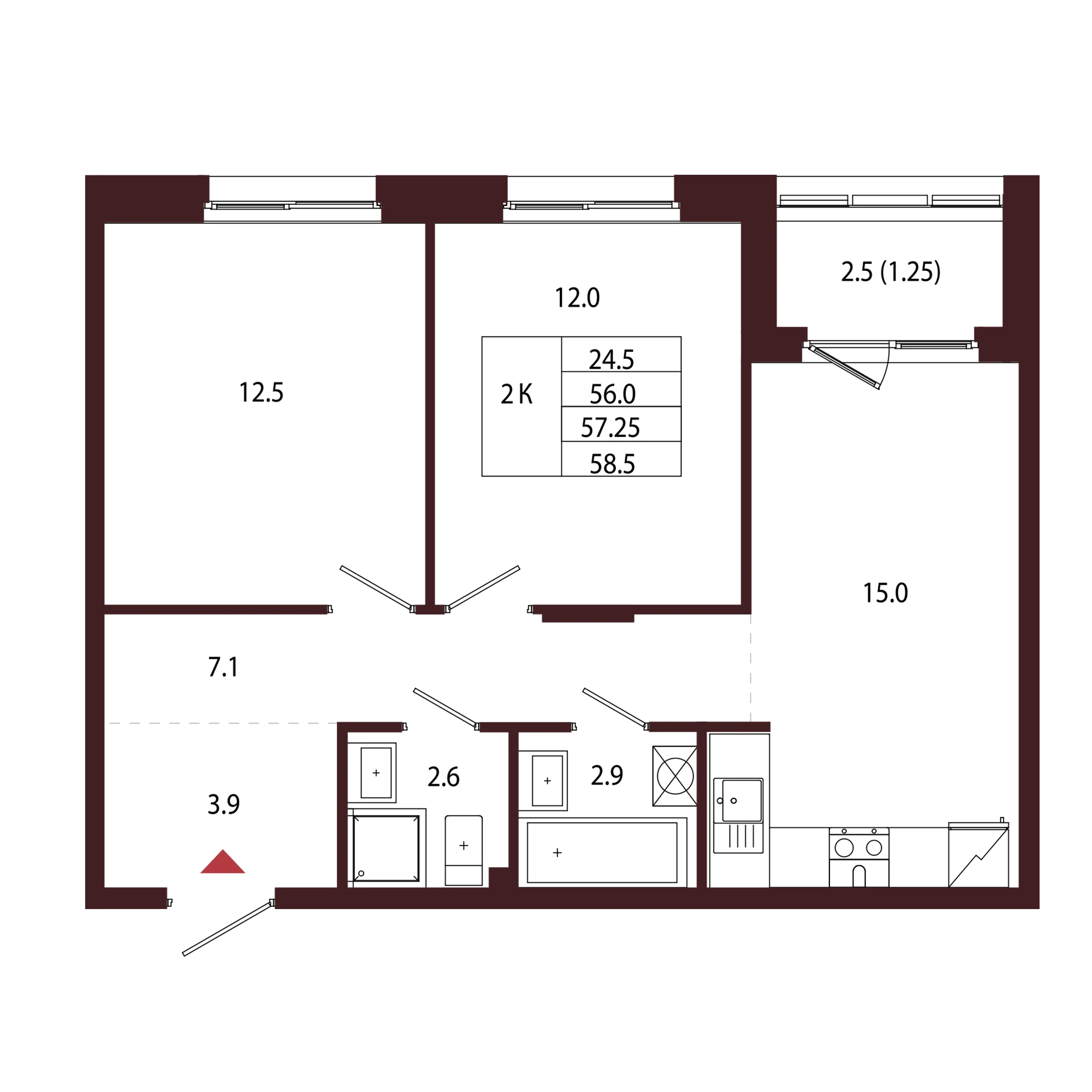 Планировка 2-комнатная 57,2 м² в ЖК «Город-парк «Лисино» — Город-парк «Лисино»