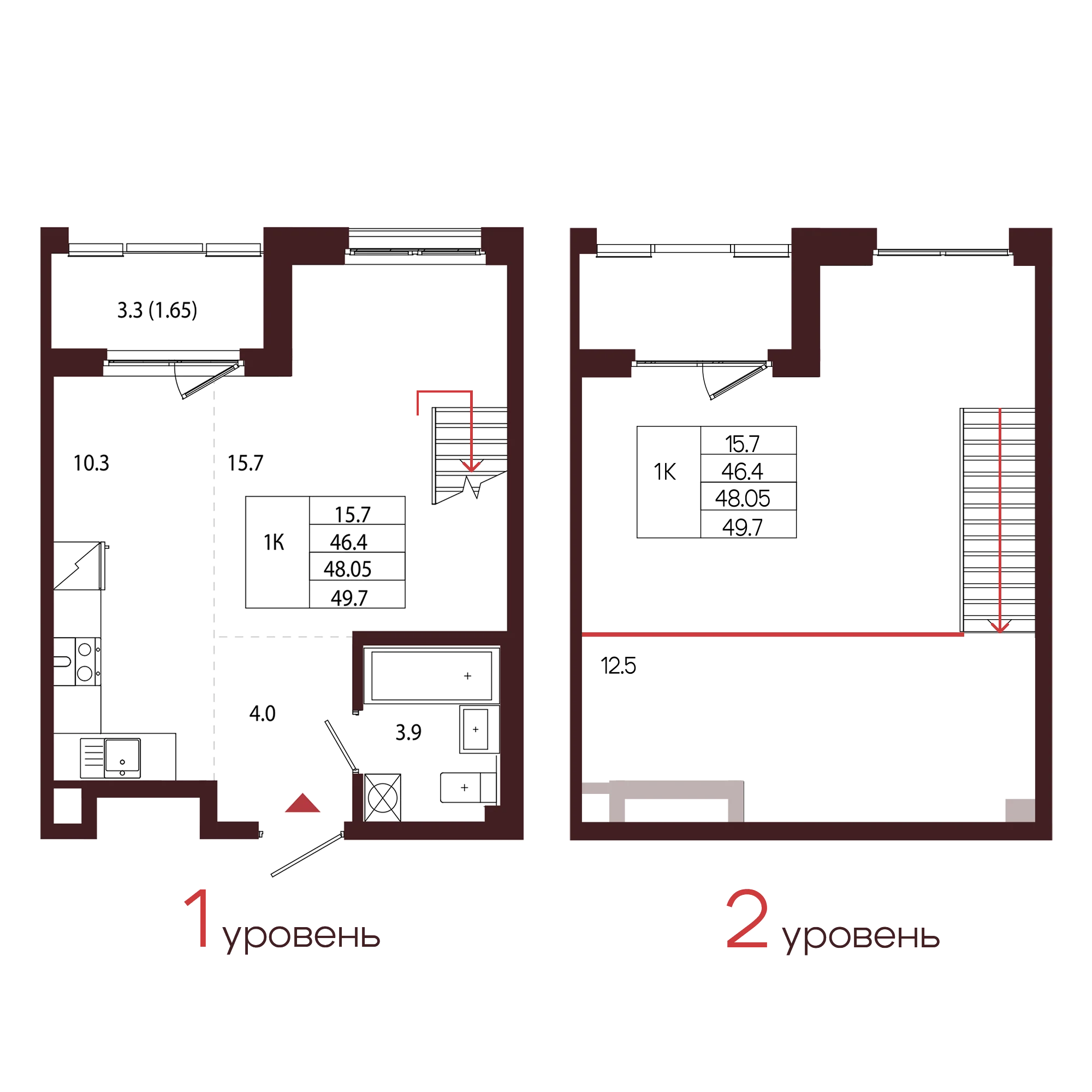 Планировка 1-комнатная 48 м² в ЖК «Город-парк «Лисино» — Город-парк «Лисино»