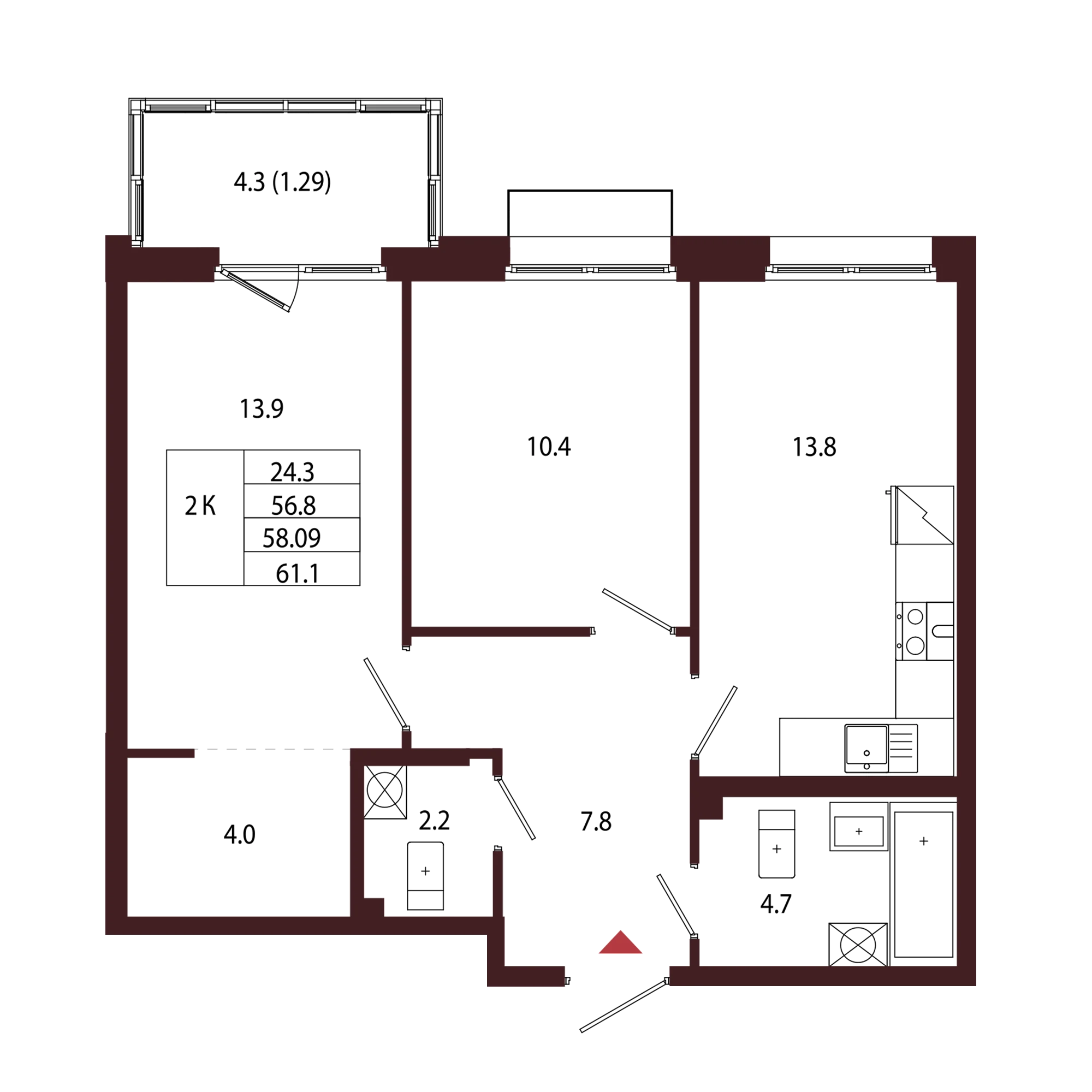 Планировка 2-комнатная 58,1 м² в ЖК «Город-парк «Лисино» — Город-парк «Лисино»