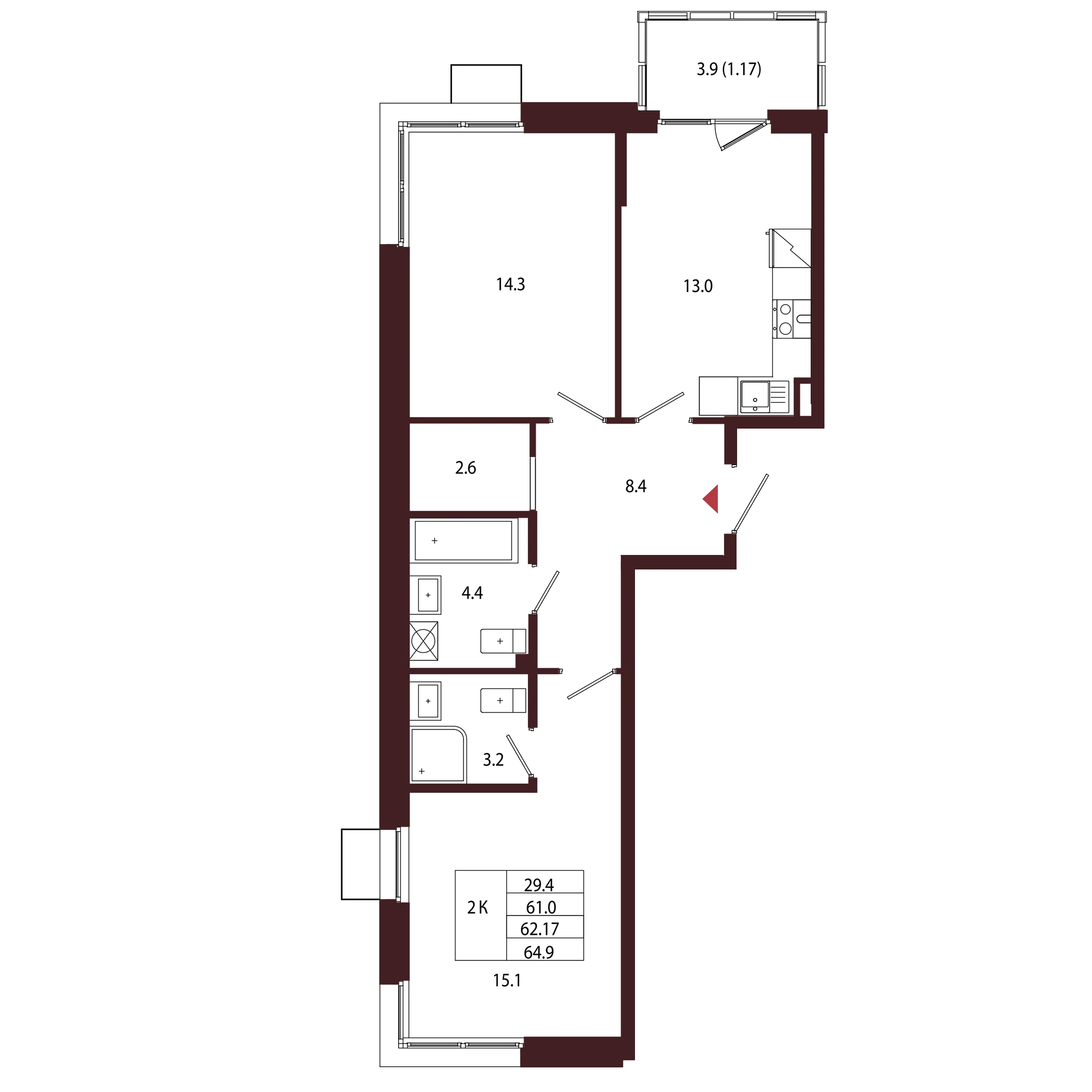 Планировка 2-комнатная 62,2 м² в ЖК «Город-парк «Лисино» — Город-парк «Лисино»