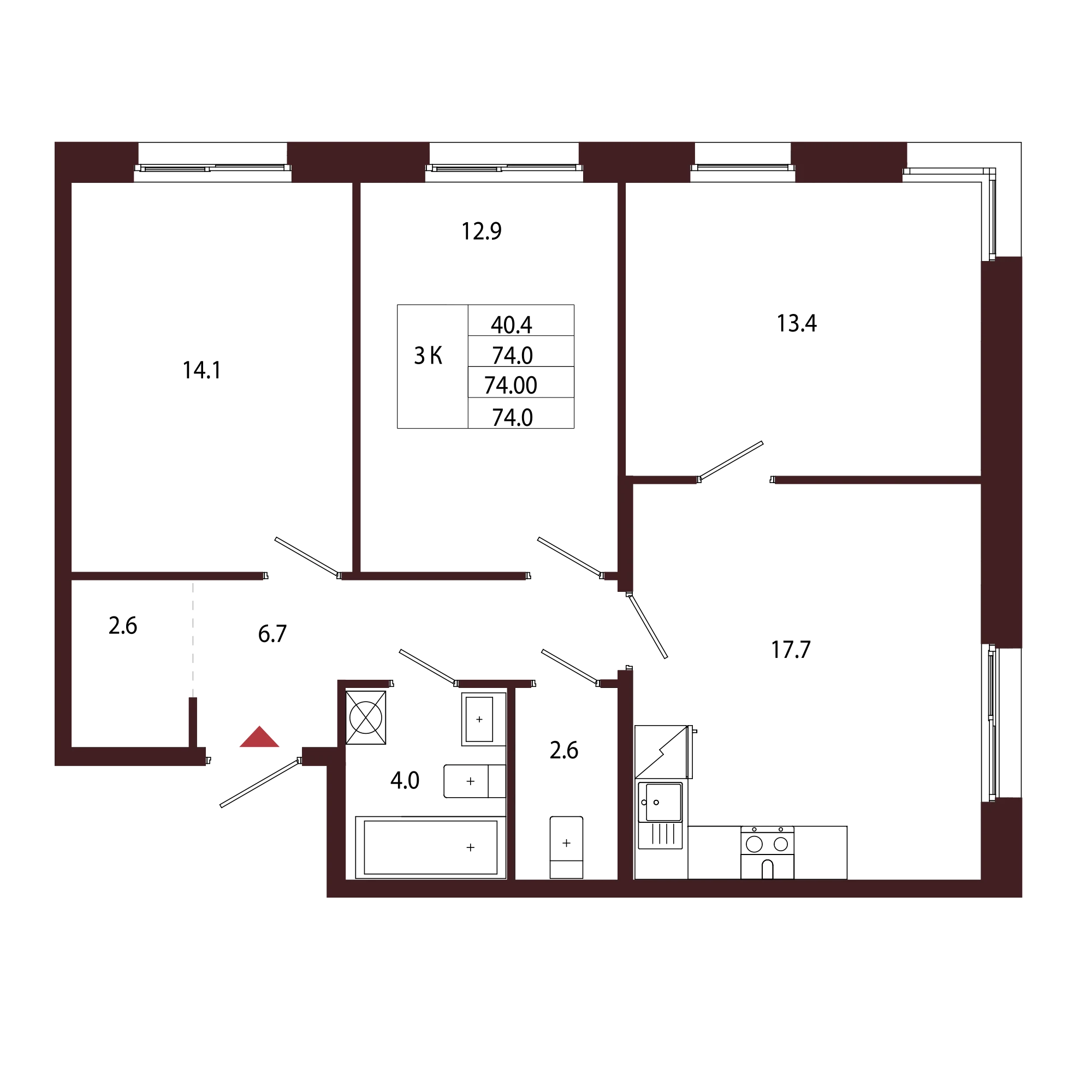 Планировка 3-комнатная 74 м² в ЖК «Город-парк «Лисино» — Город-парк «Лисино»
