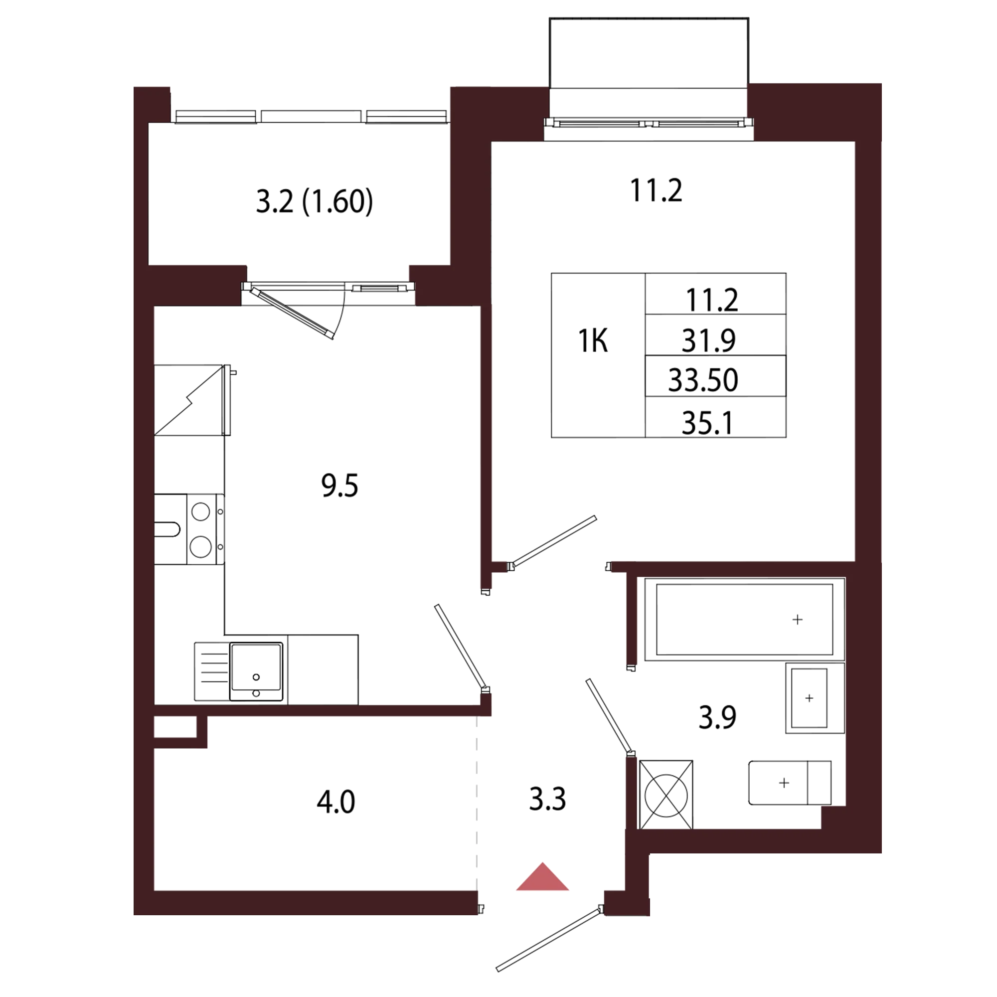 Планировка 1-комнатная 33,5 м² в ЖК «Город-парк «Лисино» — Город-парк «Лисино»