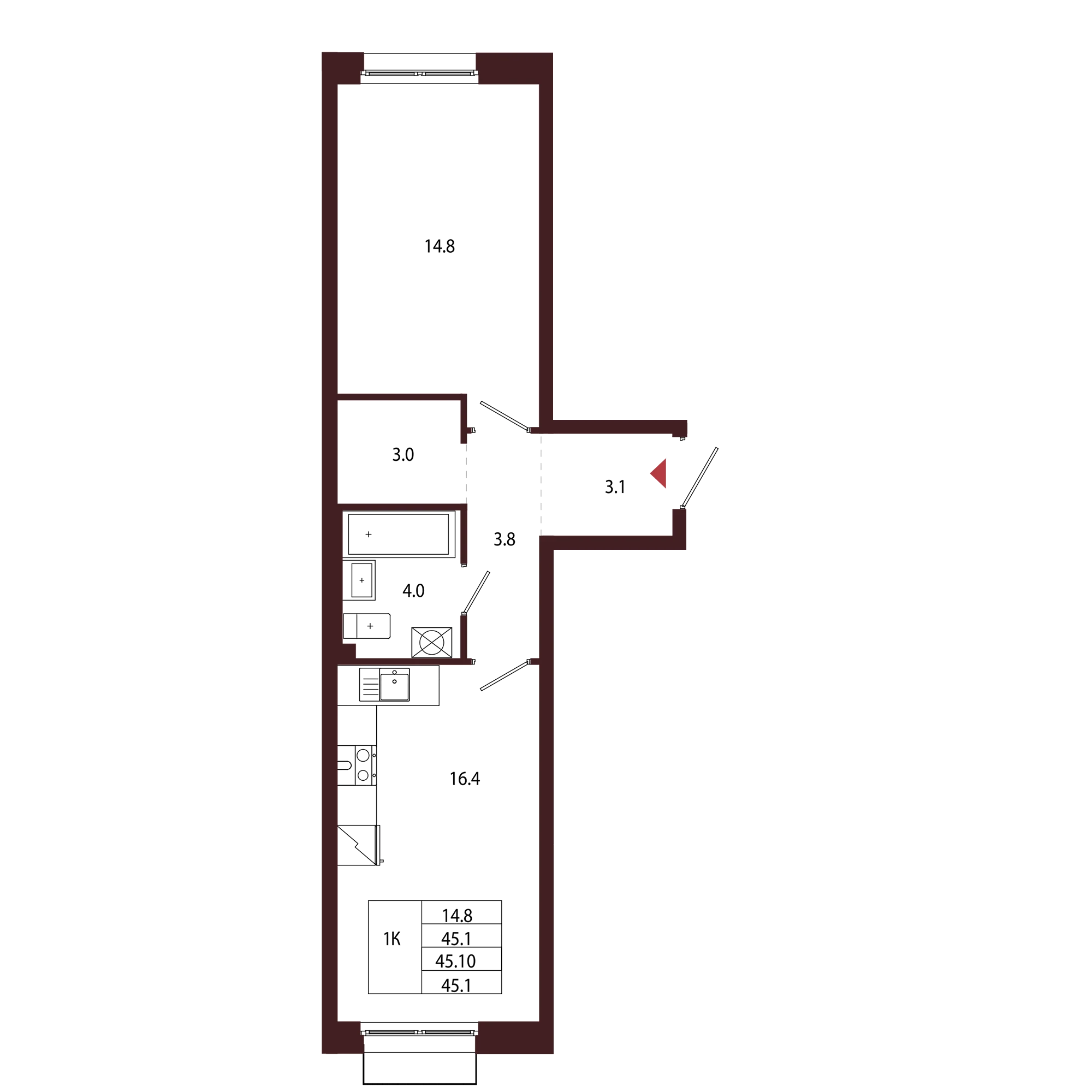Планировка 1-комнатная 45,1 м² в ЖК «Город-парк «Лисино» — Город-парк «Лисино»