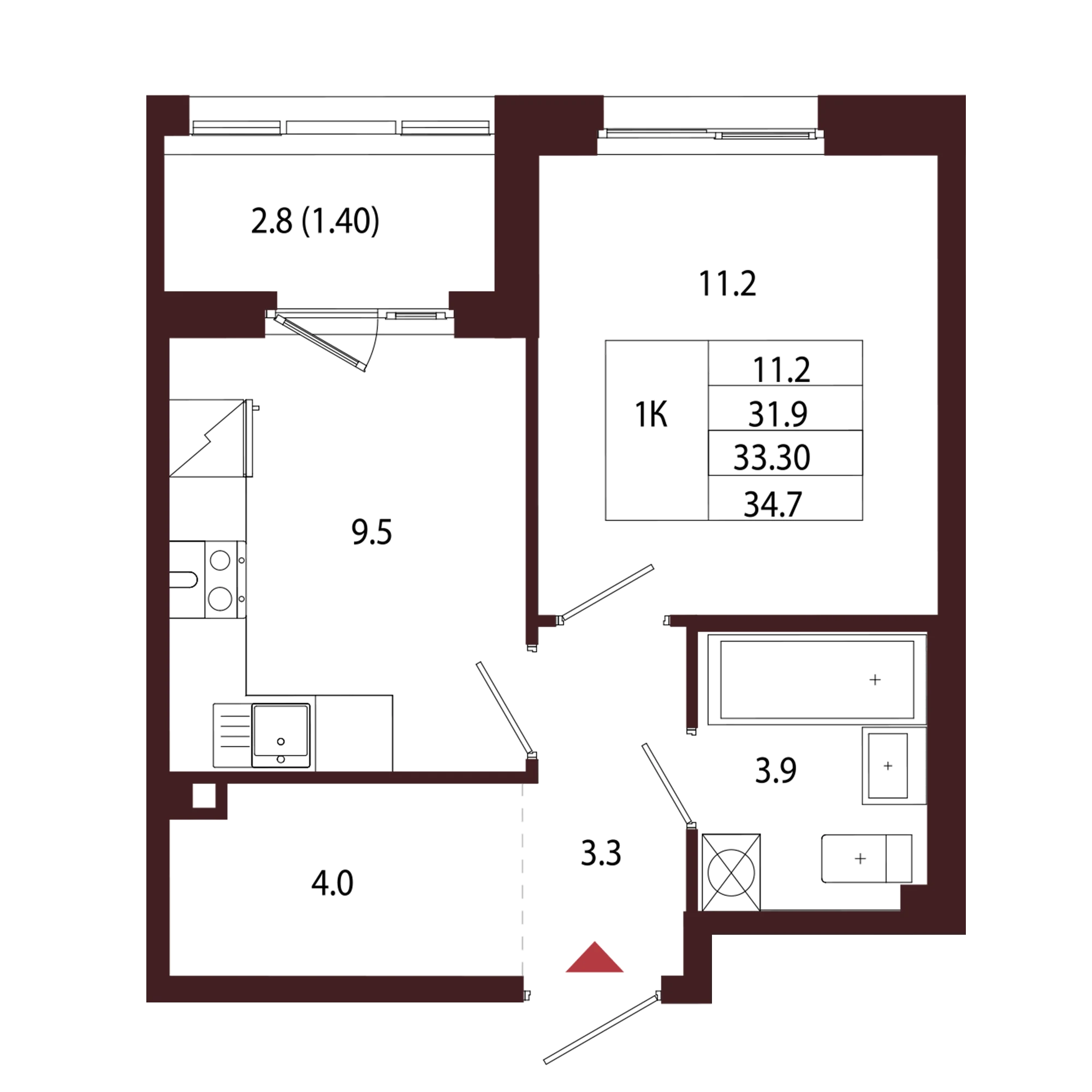 Планировка 1-комнатная 33,3 м² в ЖК «Город-парк «Лисино» — Город-парк «Лисино»