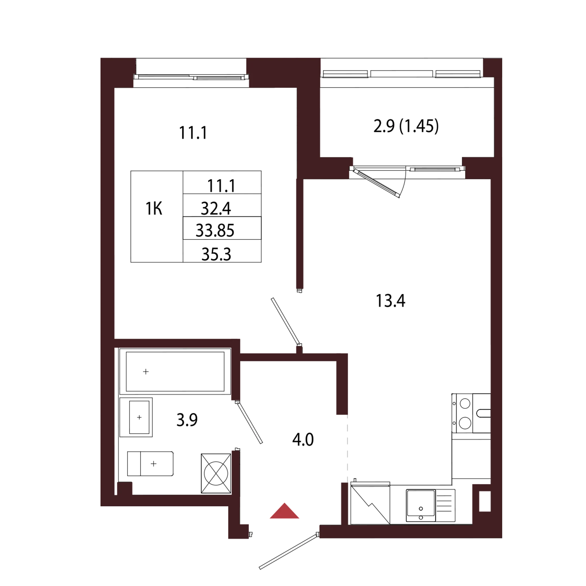 Планировка 1-комнатная 33,9 м² в ЖК «Город-парк «Лисино» — Город-парк «Лисино»