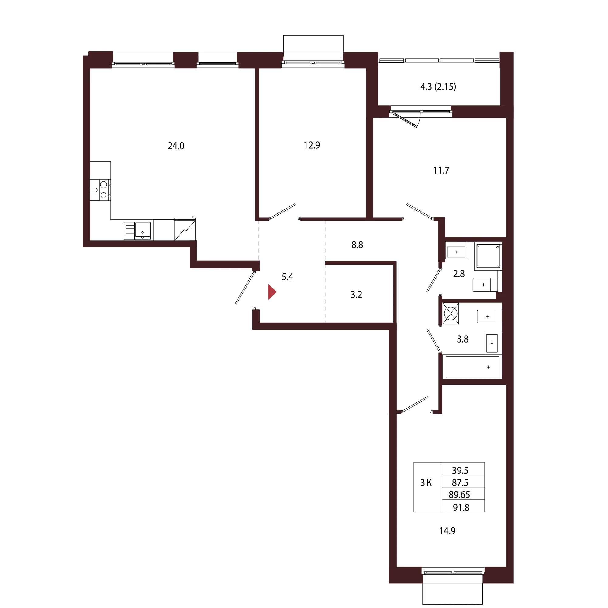 Планировка 3-комнатная 89,7 м² в ЖК «Город-парк «Лисино» — Город-парк «Лисино»
