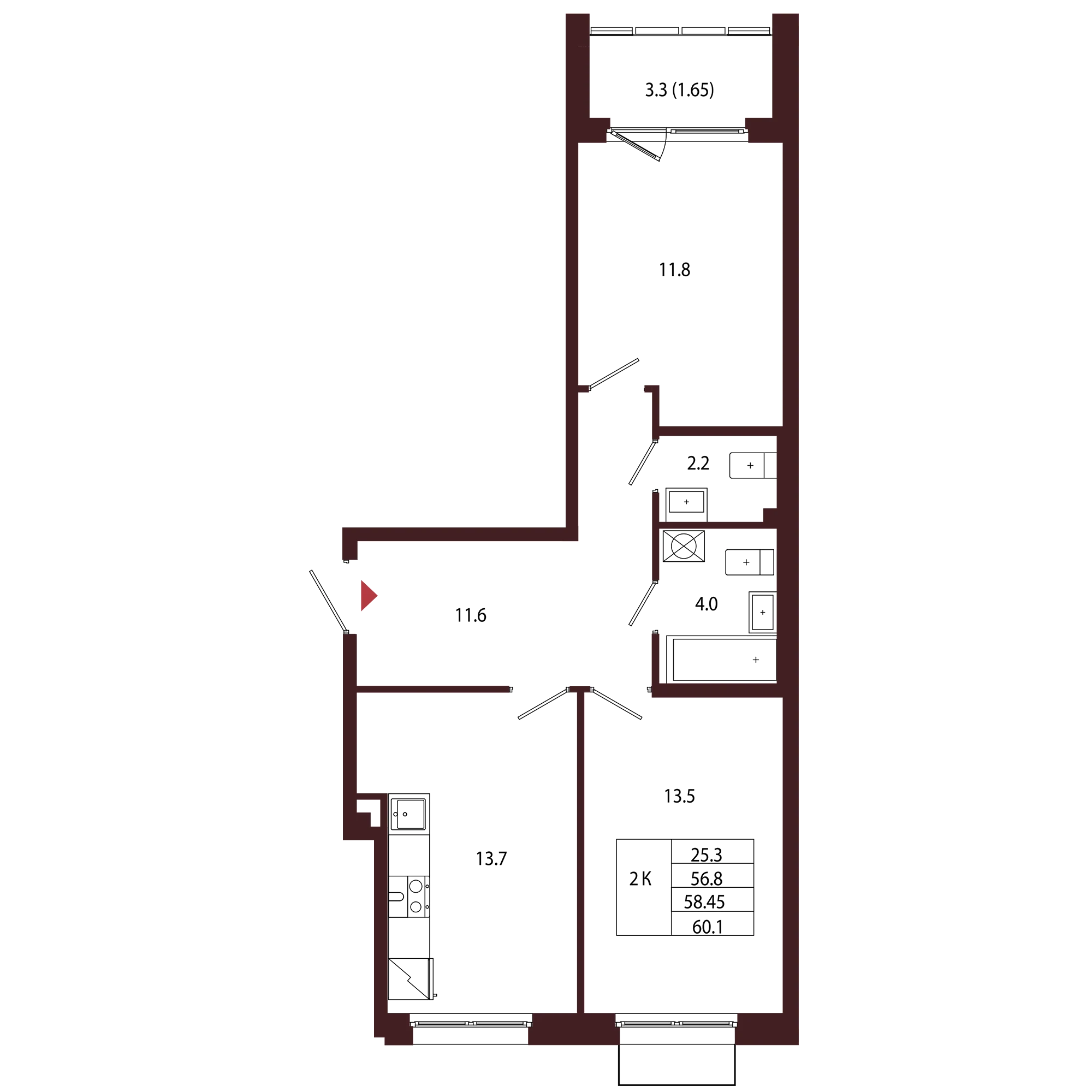 Планировка 2-комнатная 58,5 м² в ЖК «Город-парк «Лисино» — Город-парк «Лисино»