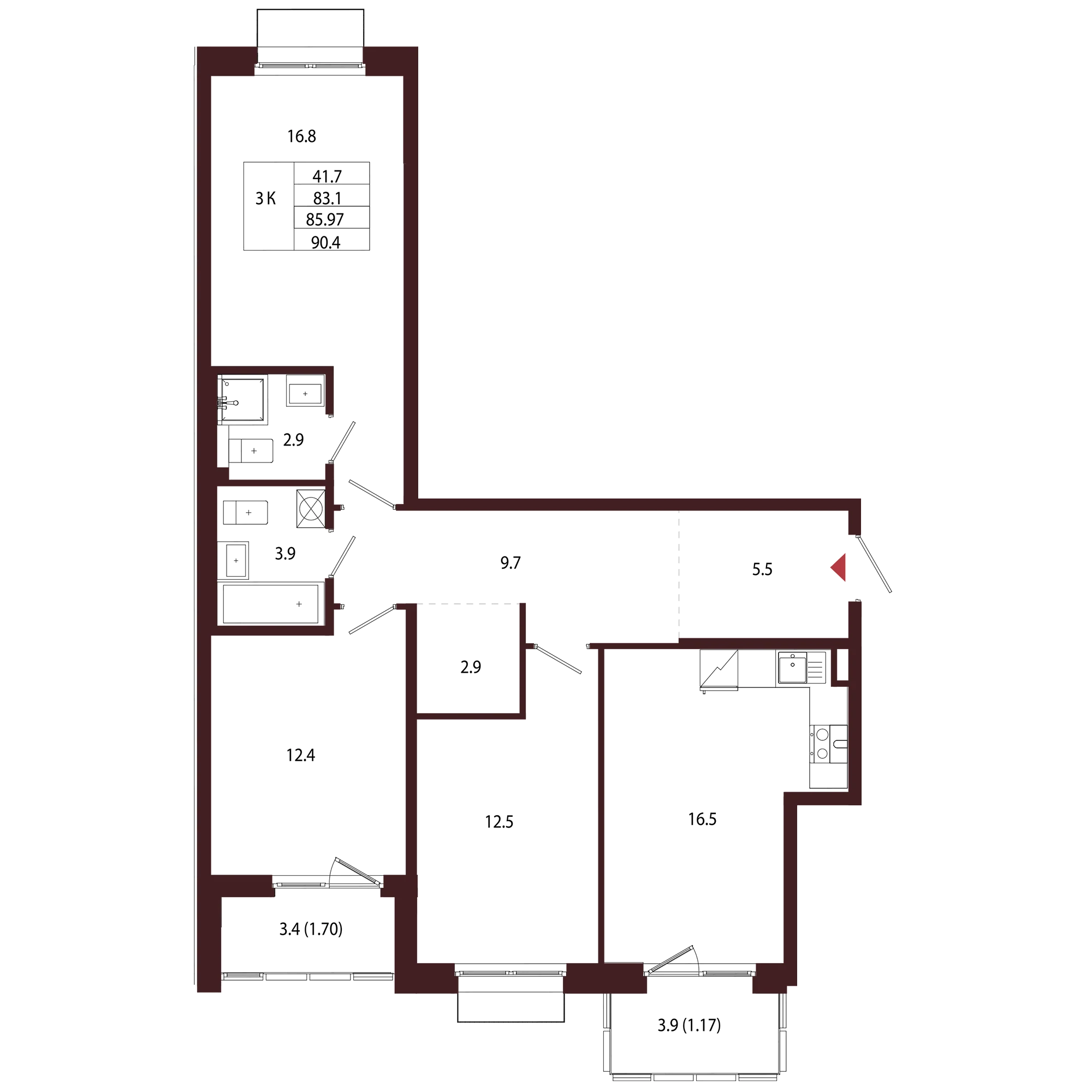 Планировка 3-комнатная 86 м² в ЖК «Город-парк «Лисино» — Город-парк «Лисино»