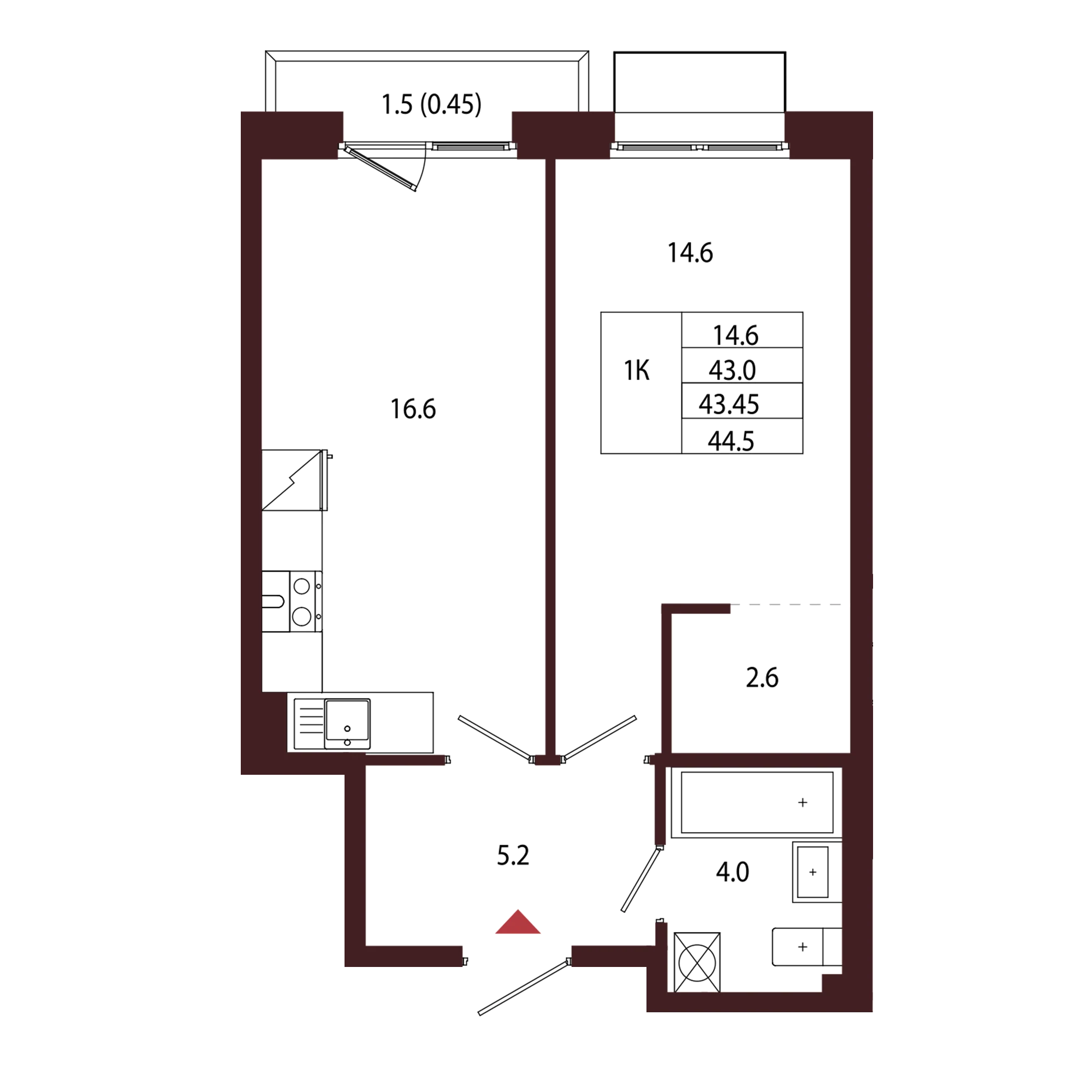 Планировка 1-комнатная 43,5 м² в ЖК «Город-парк «Лисино» — Город-парк «Лисино»