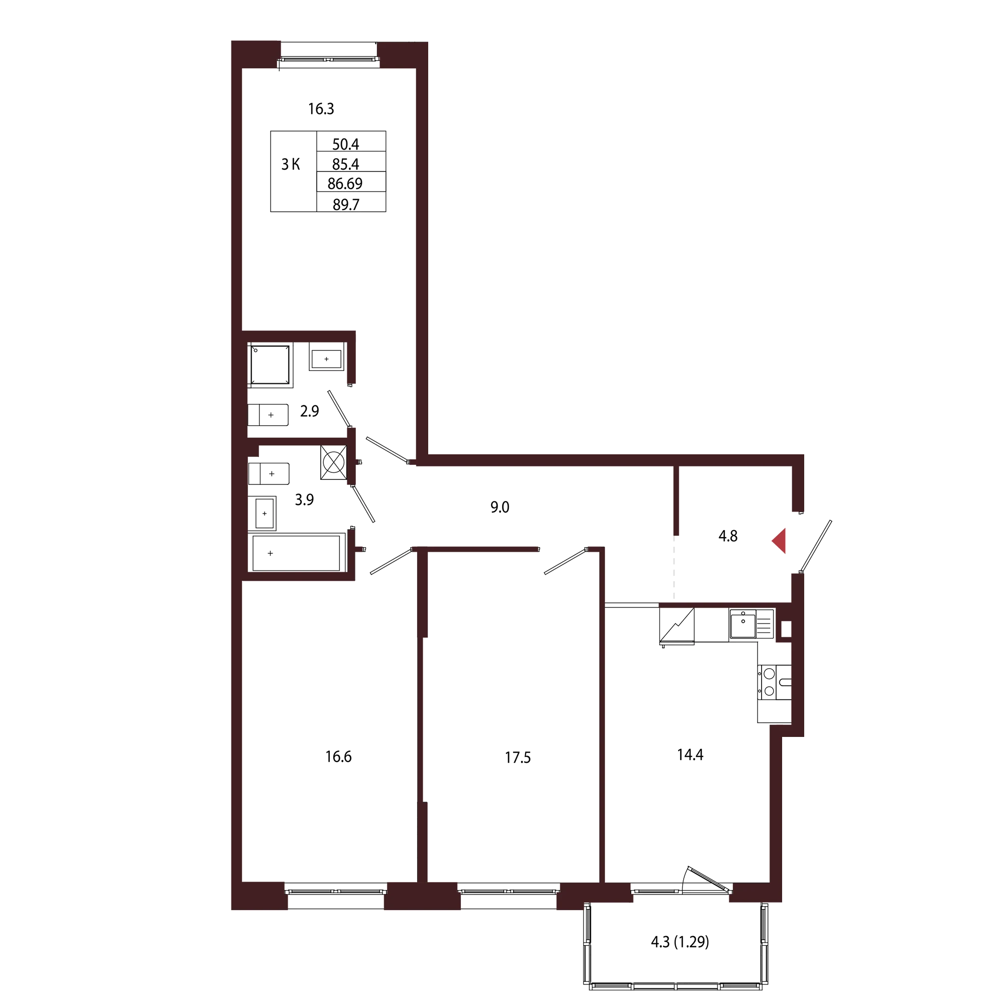 Планировка 3-комнатная 86,7 м² в ЖК «Город-парк «Лисино» — Город-парк «Лисино»