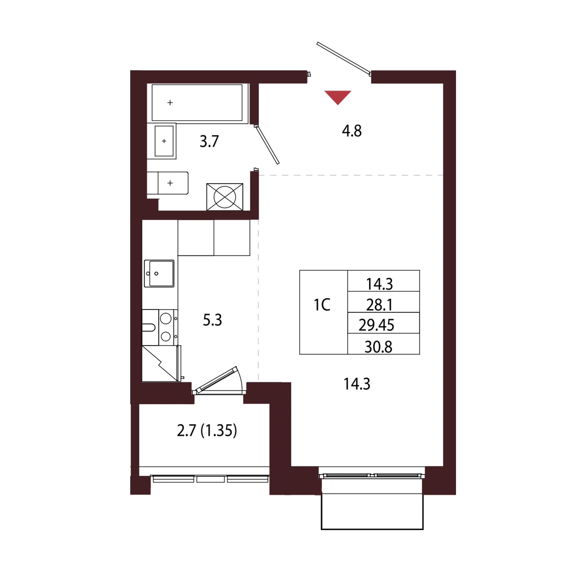 Планировка 1-комнатная 29,4 м² в ЖК «Город-парк «Лисино» — Город-парк «Лисино»