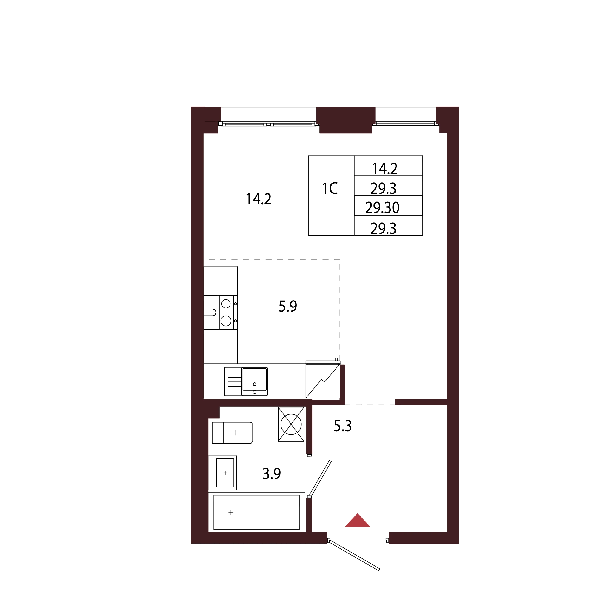Планировка 1-комнатная 29,3 м² в ЖК «Город-парк «Лисино» — Город-парк «Лисино»