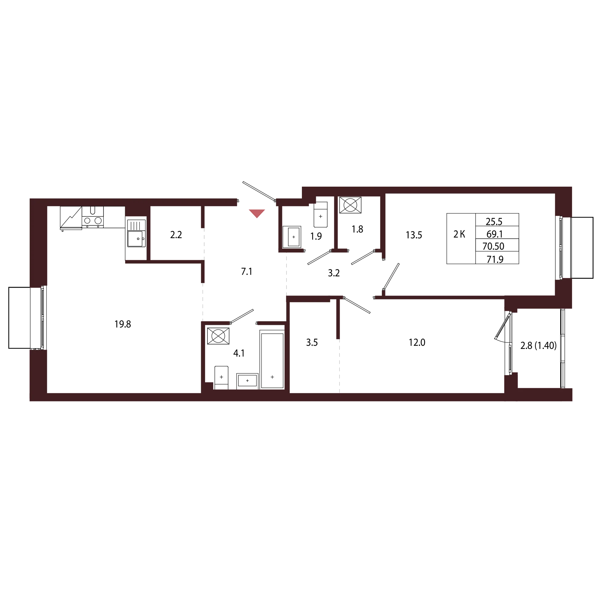 Планировка 2-комнатная 70,5 м² в ЖК «Город-парк «Лисино» — Город-парк «Лисино»