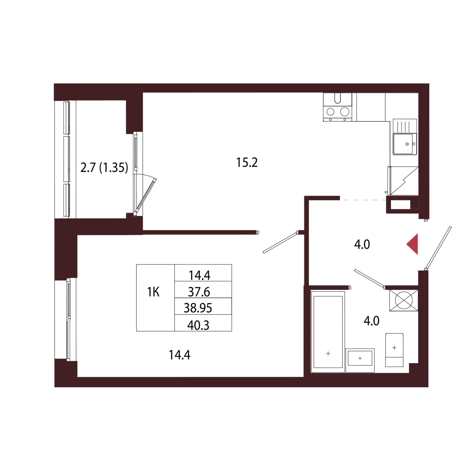 Планировка 1-комнатная 39 м² в ЖК «Город-парк «Лисино» — Город-парк «Лисино»