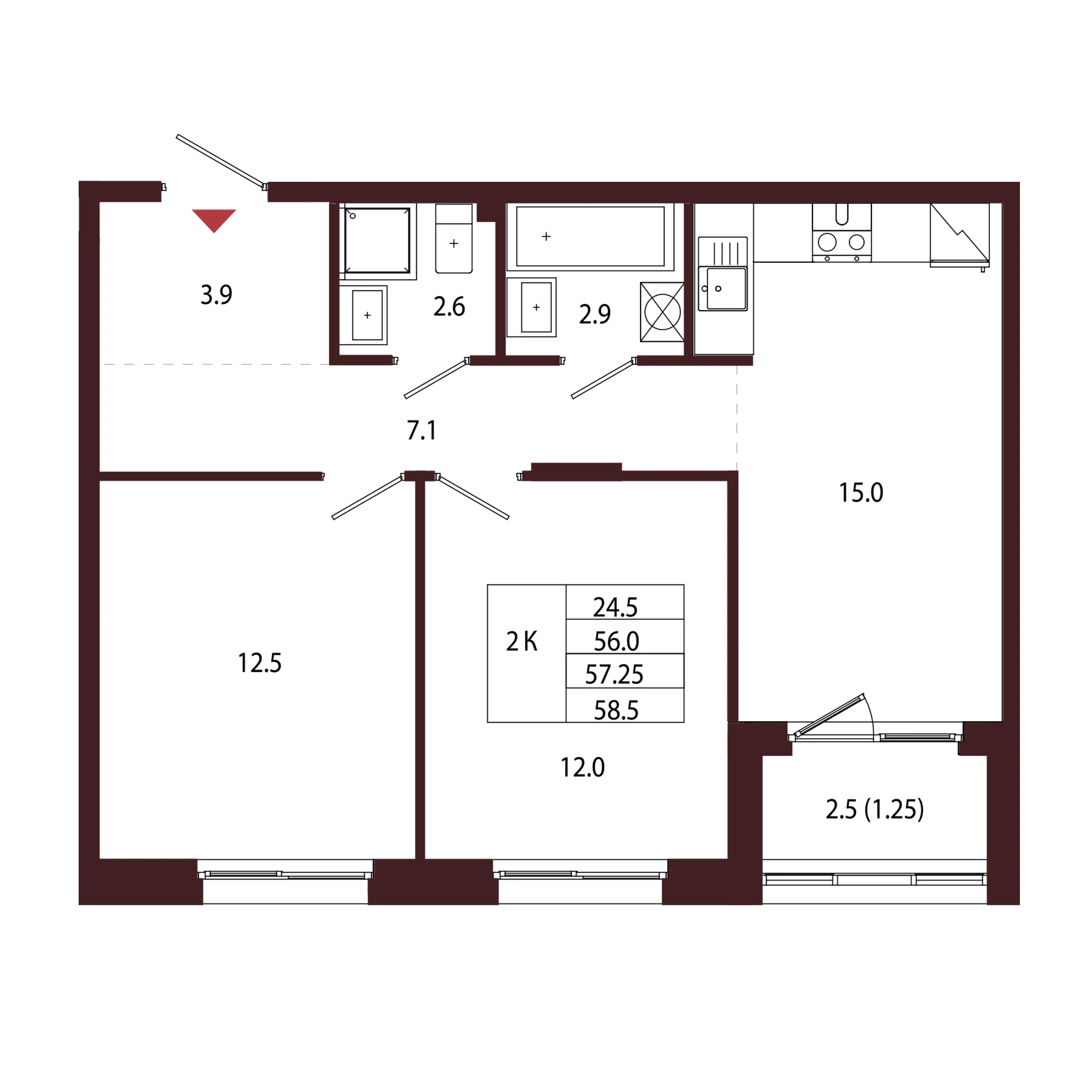 Планировка 2-комнатная 57,2 м² в ЖК «Город-парк «Лисино» — Город-парк «Лисино»