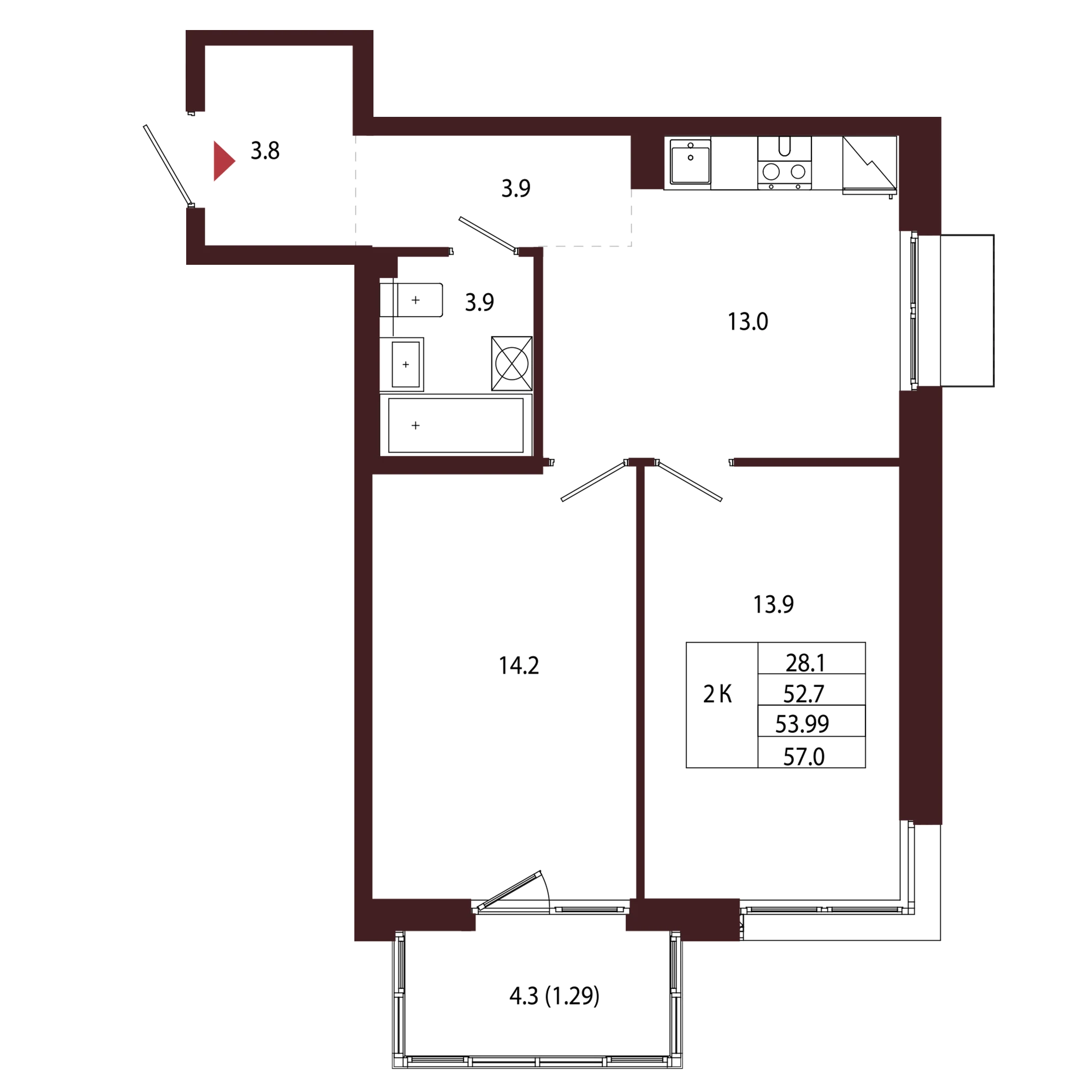 Планировка 2-комнатная 54 м² в ЖК «Город-парк «Лисино» — Город-парк «Лисино»
