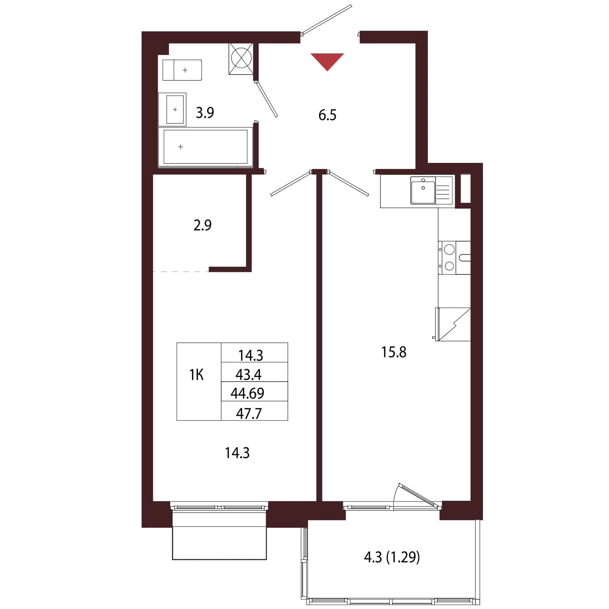 Планировка 1-комнатная 44,7 м² в ЖК «Город-парк «Лисино» — Город-парк «Лисино»