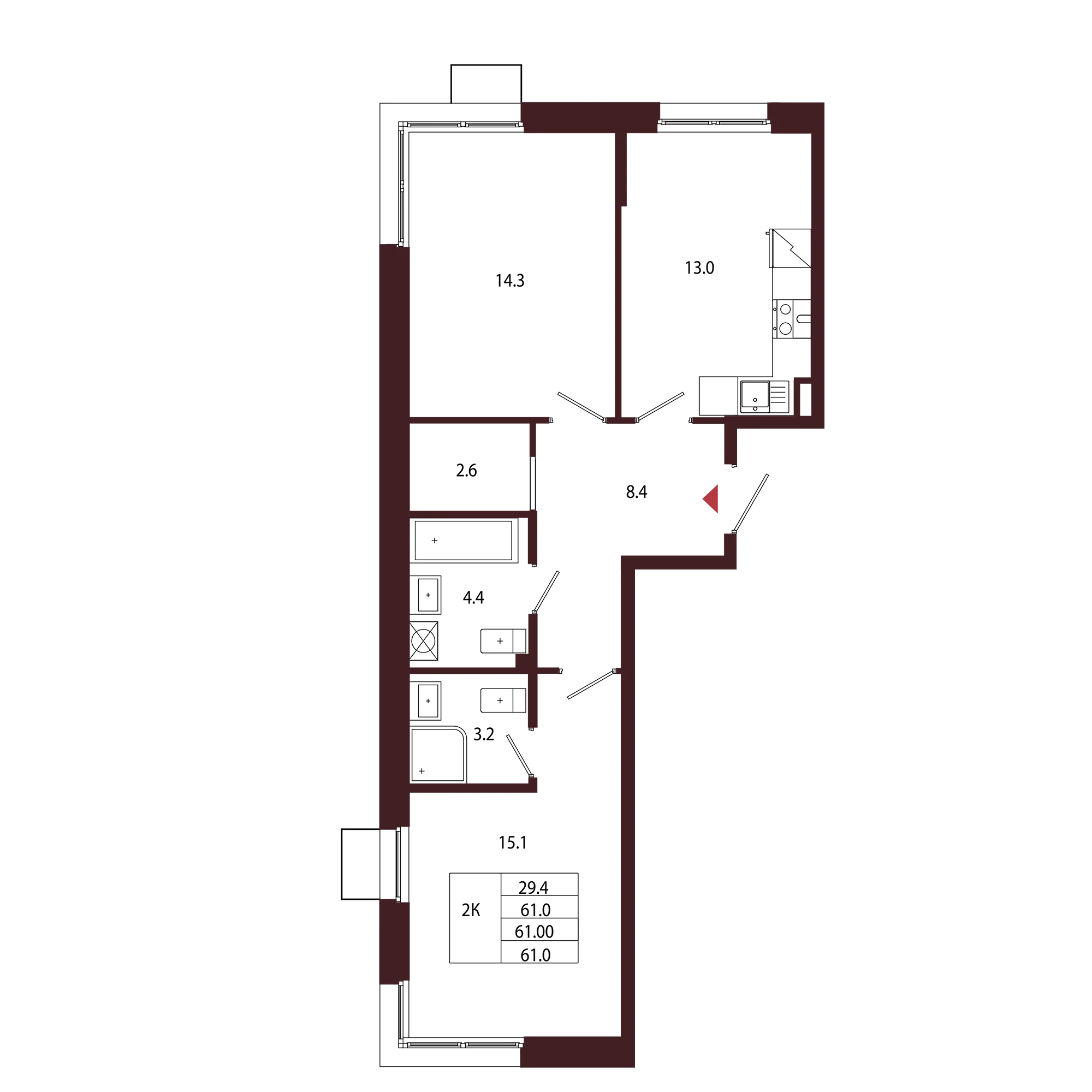 Планировка 2-комнатная 61 м² в ЖК «Город-парк «Лисино» — Город-парк «Лисино»