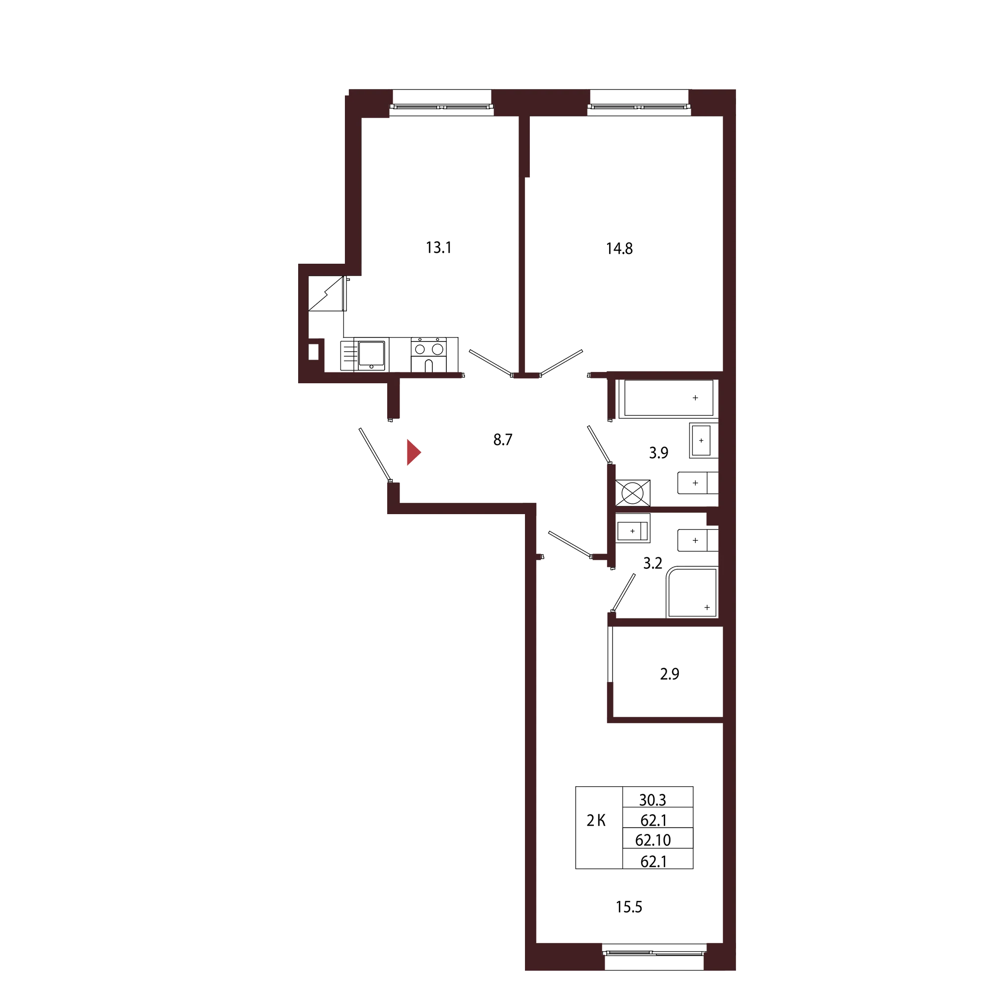 Планировка 2-комнатная 62,1 м² в ЖК «Город-парк «Лисино» — Город-парк «Лисино»