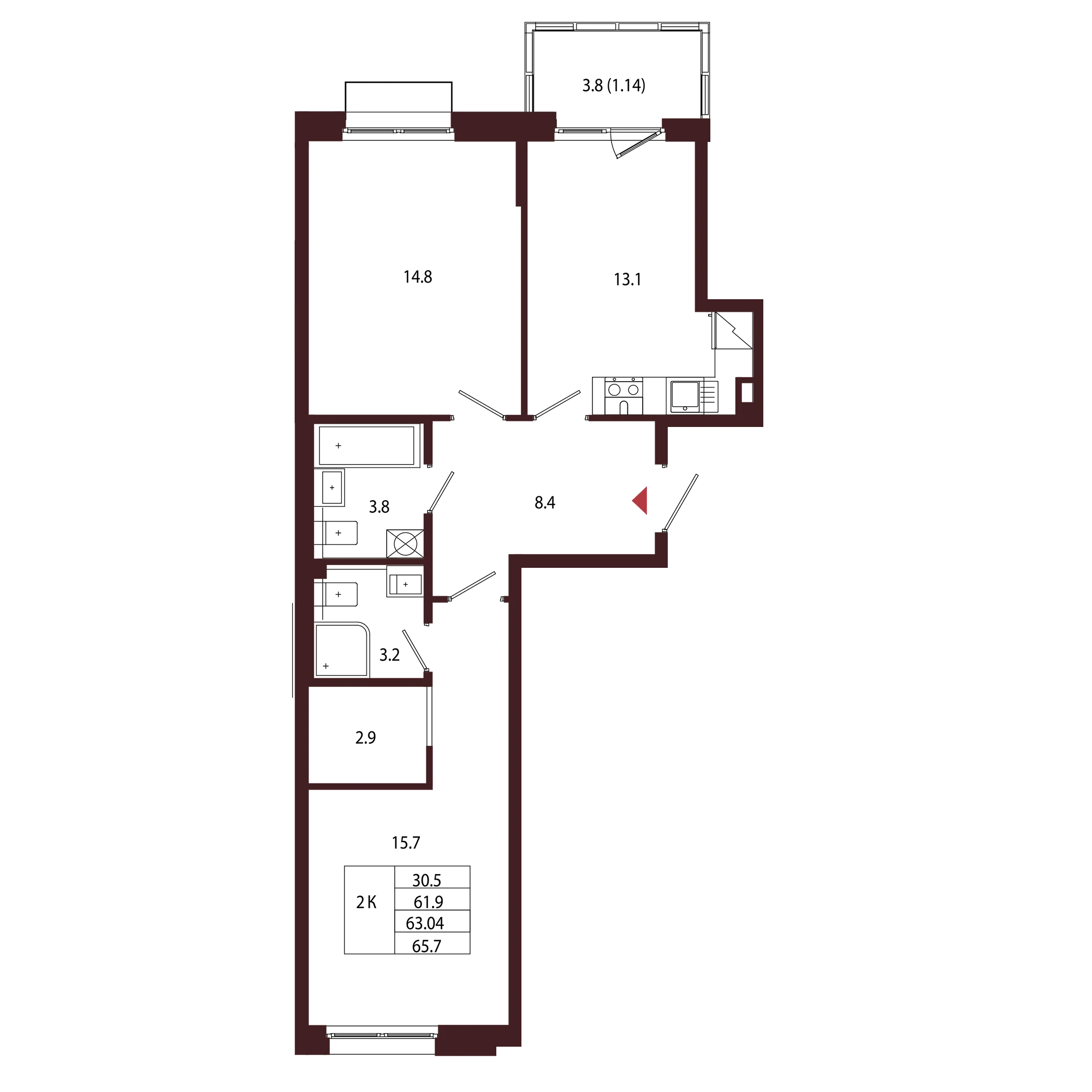 Планировка 2-комнатная 63 м² в ЖК «Город-парк «Лисино» — Город-парк «Лисино»