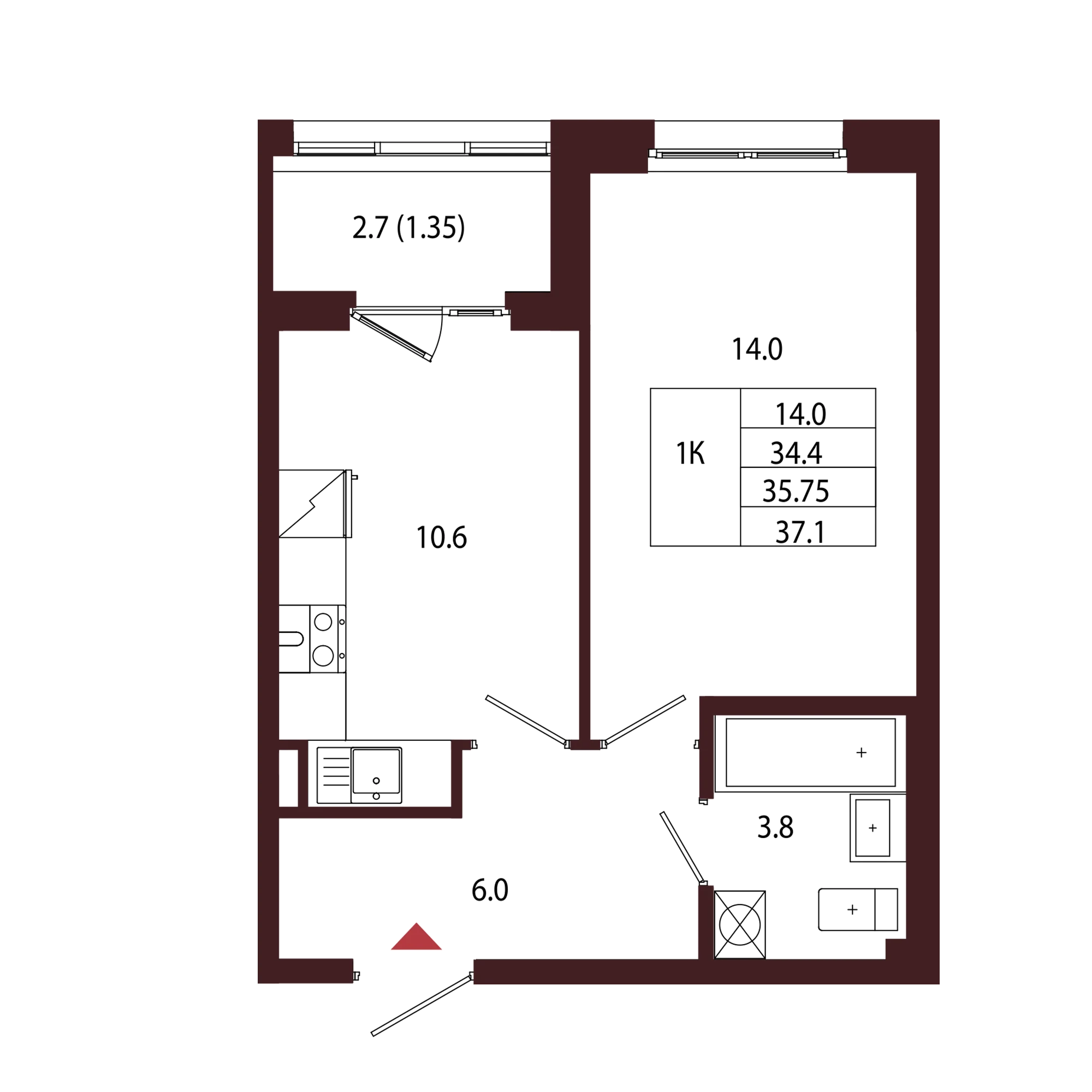 Планировка 1-комнатная 35,8 м² в ЖК «Город-парк «Лисино» — Город-парк «Лисино»