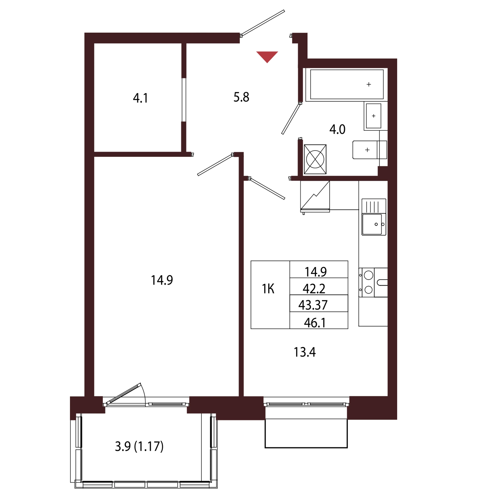 Планировка 1-комнатная 43,4 м² в ЖК «Город-парк «Лисино» — Город-парк «Лисино»