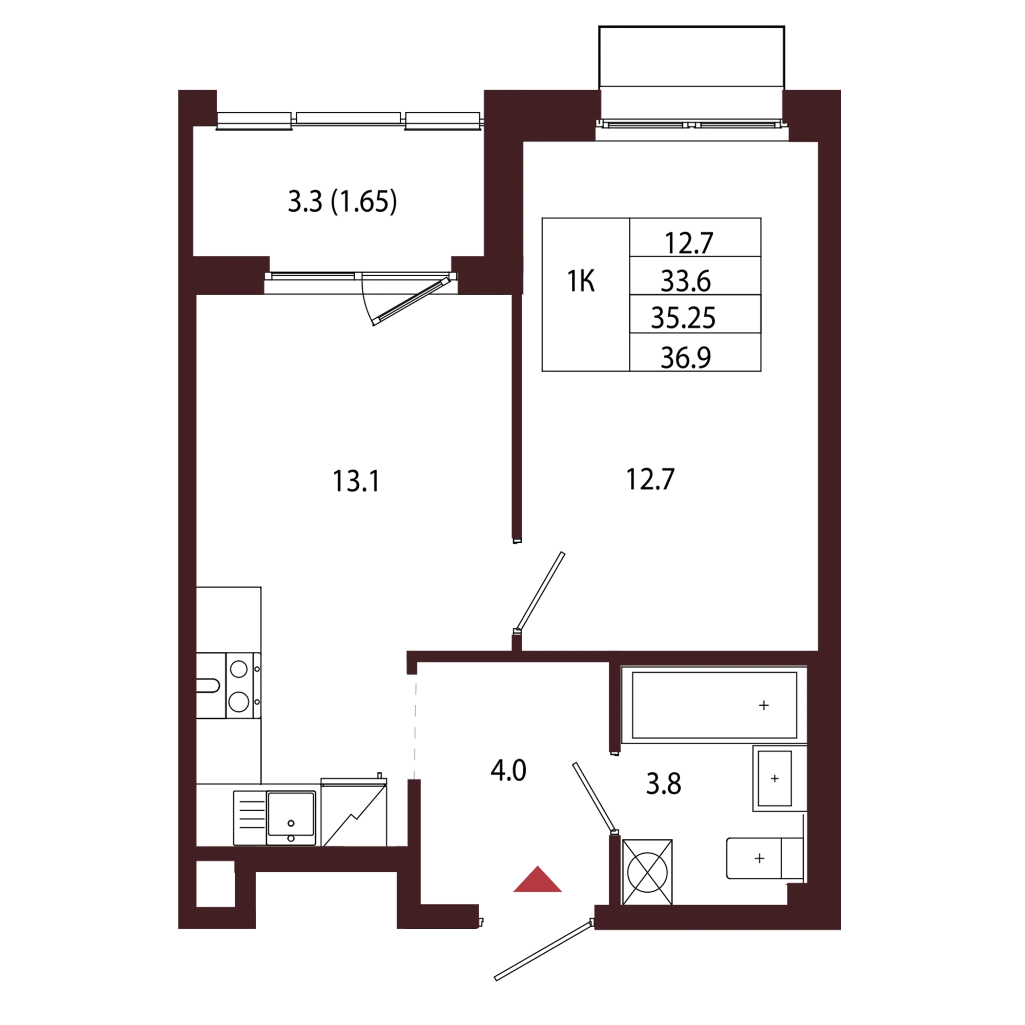Планировка 1-комнатная 35,2 м² в ЖК «Город-парк «Лисино» — Город-парк «Лисино»