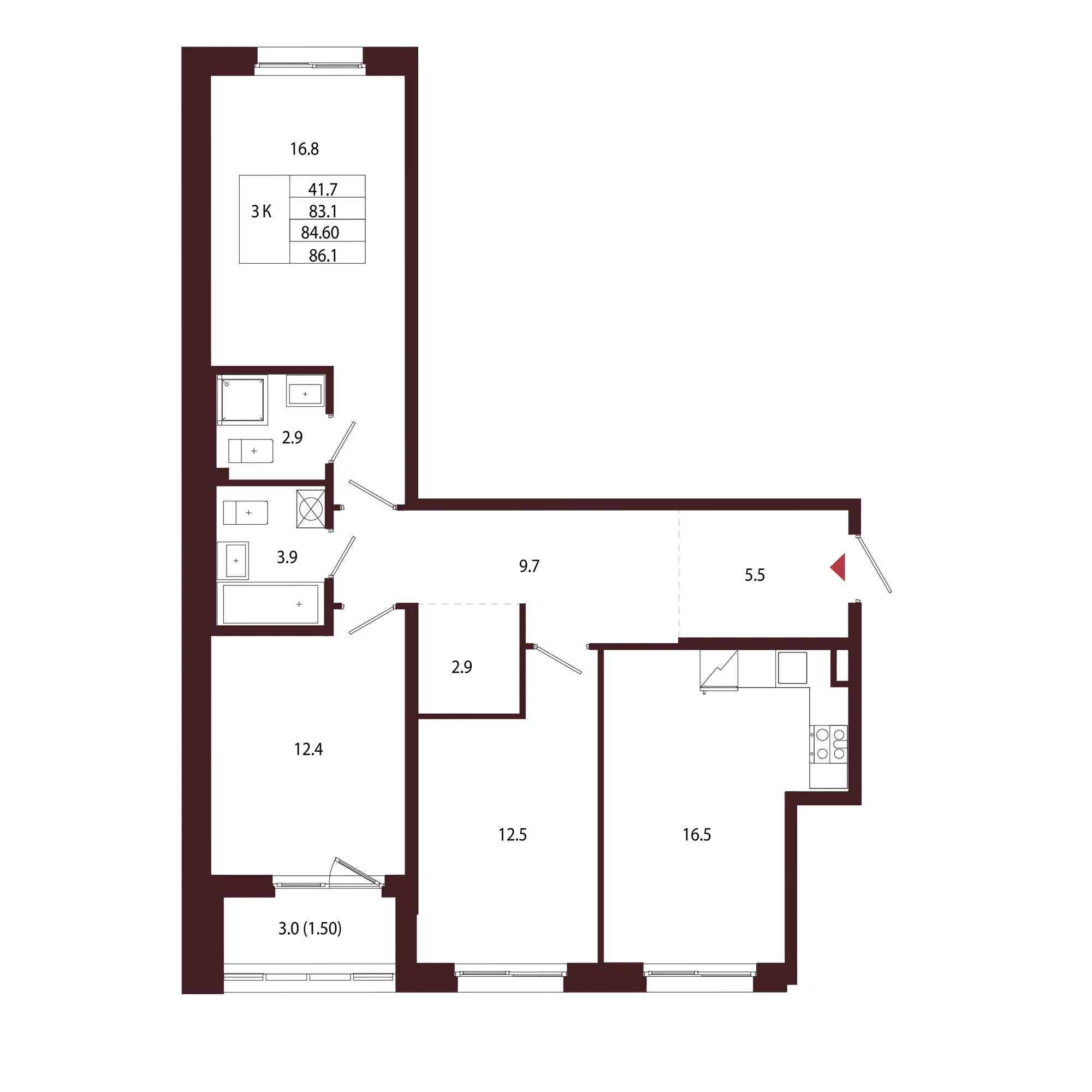 Планировка 3-комнатная 84,6 м² в ЖК «Город-парк «Лисино» — Город-парк «Лисино»