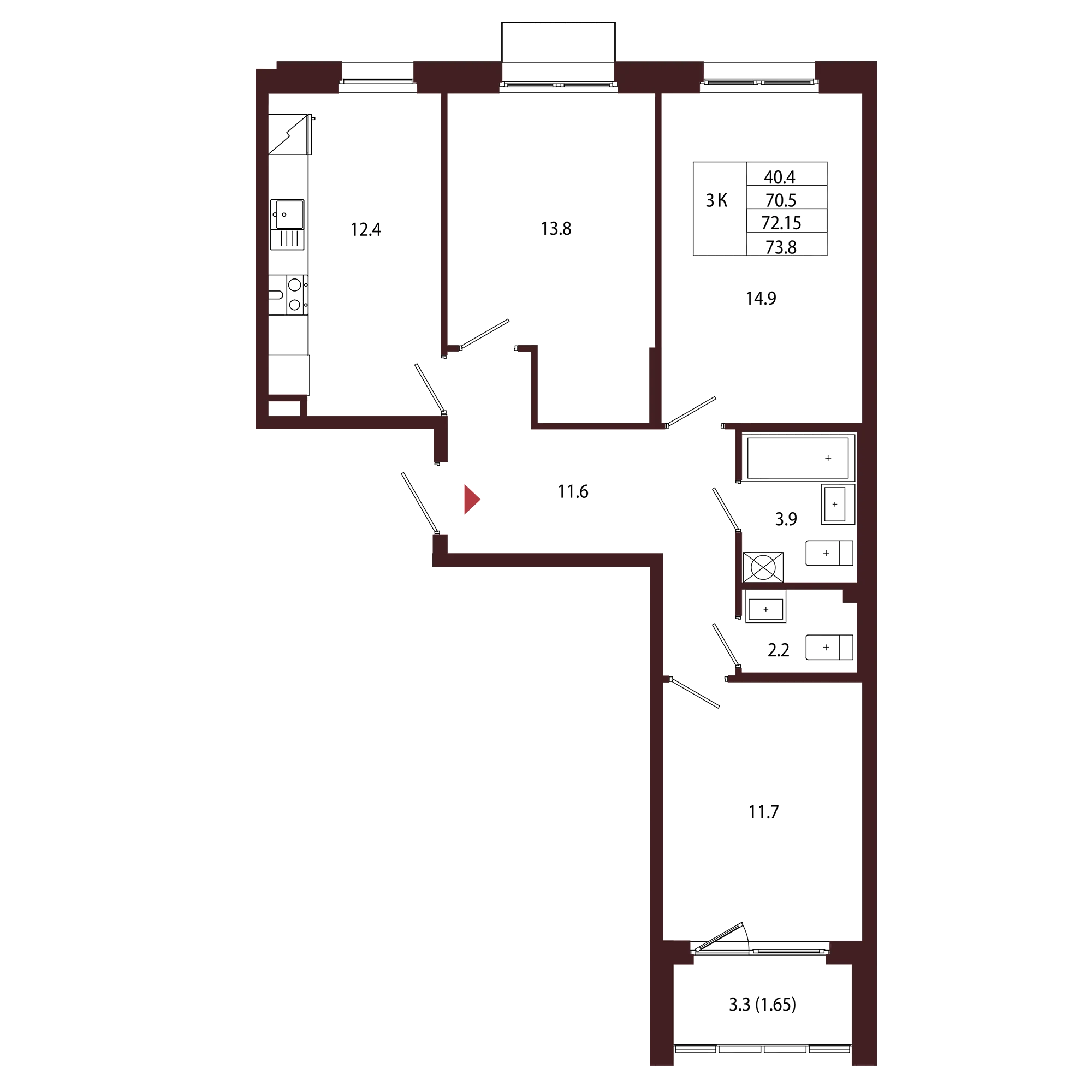Планировка 3-комнатная 72,2 м² в ЖК «Город-парк «Лисино» — Город-парк «Лисино»