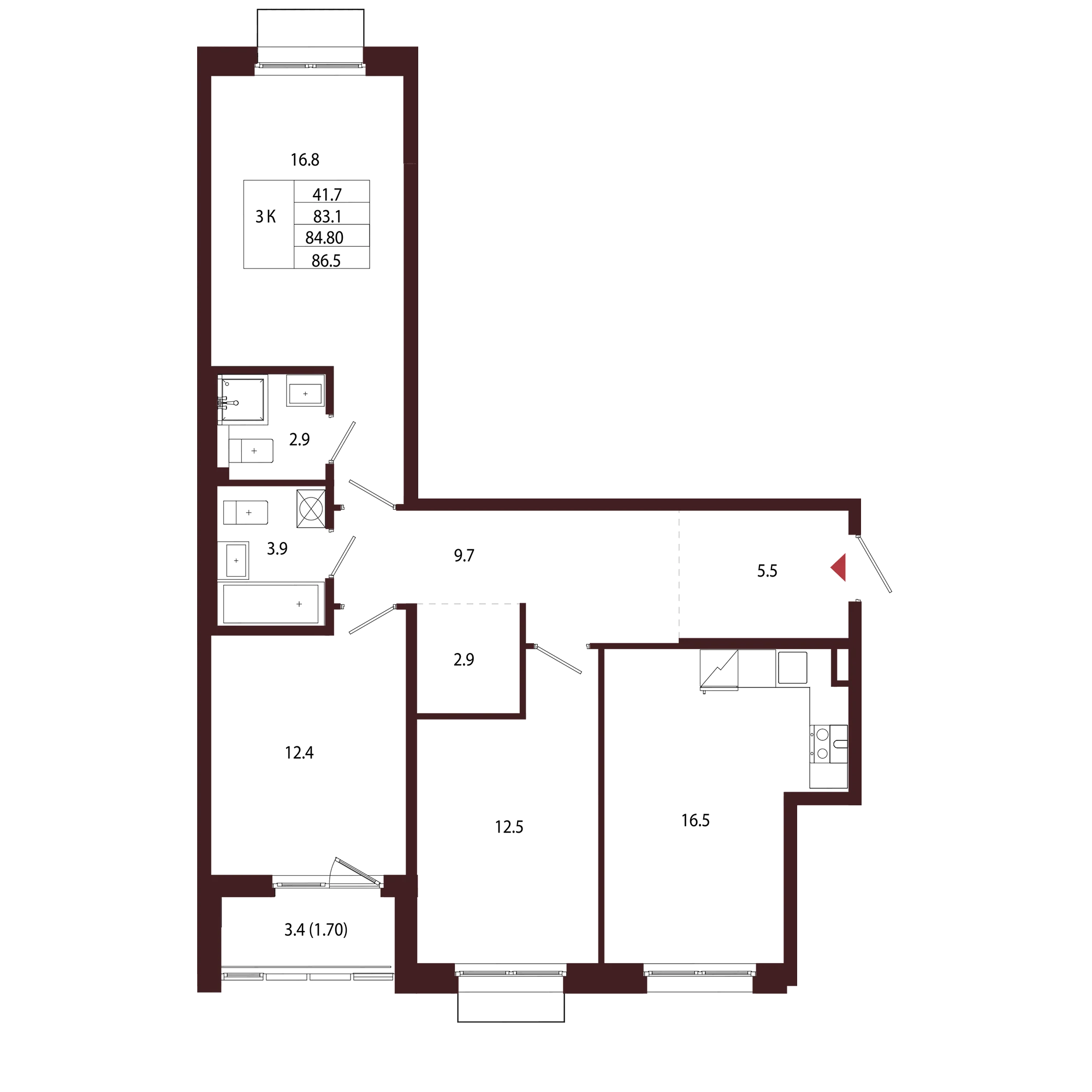Планировка 3-комнатная 84,8 м² в ЖК «Город-парк «Лисино» — Город-парк «Лисино»