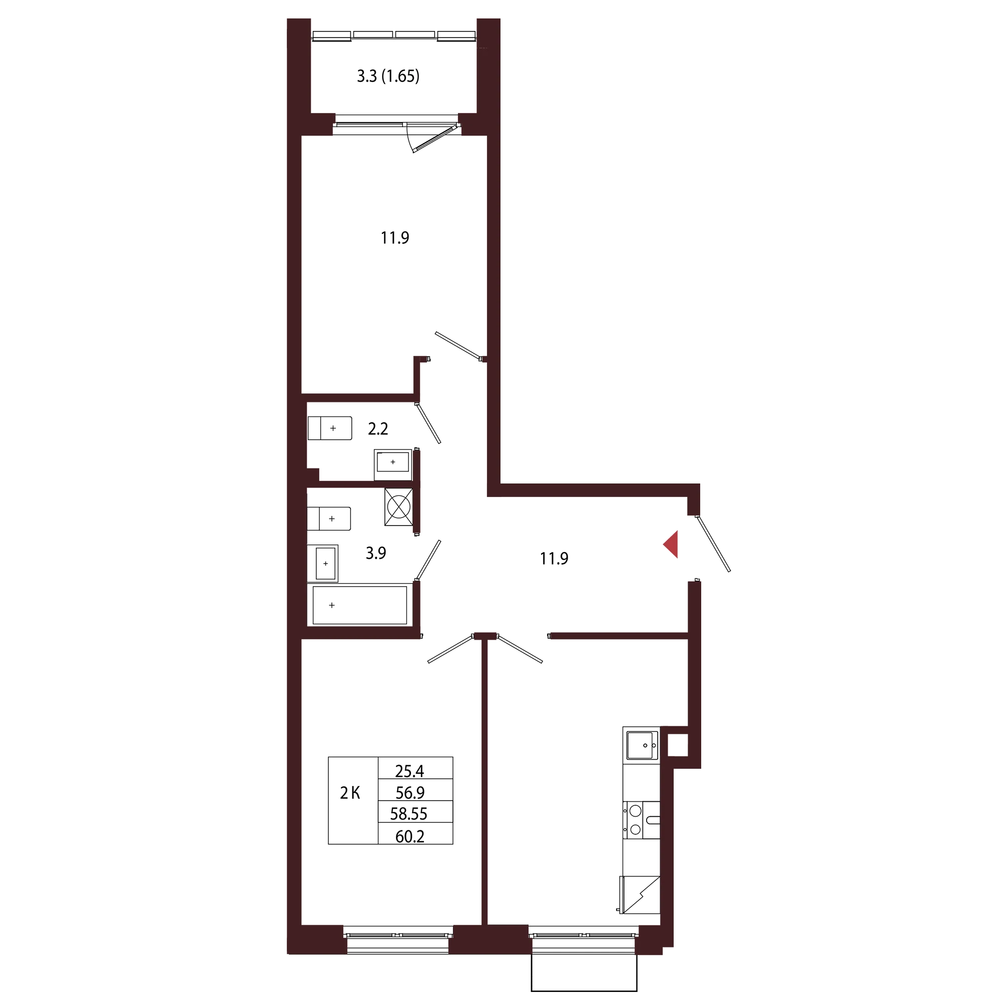 Планировка 2-комнатная 58,5 м² в ЖК «Город-парк «Лисино» — Город-парк «Лисино»