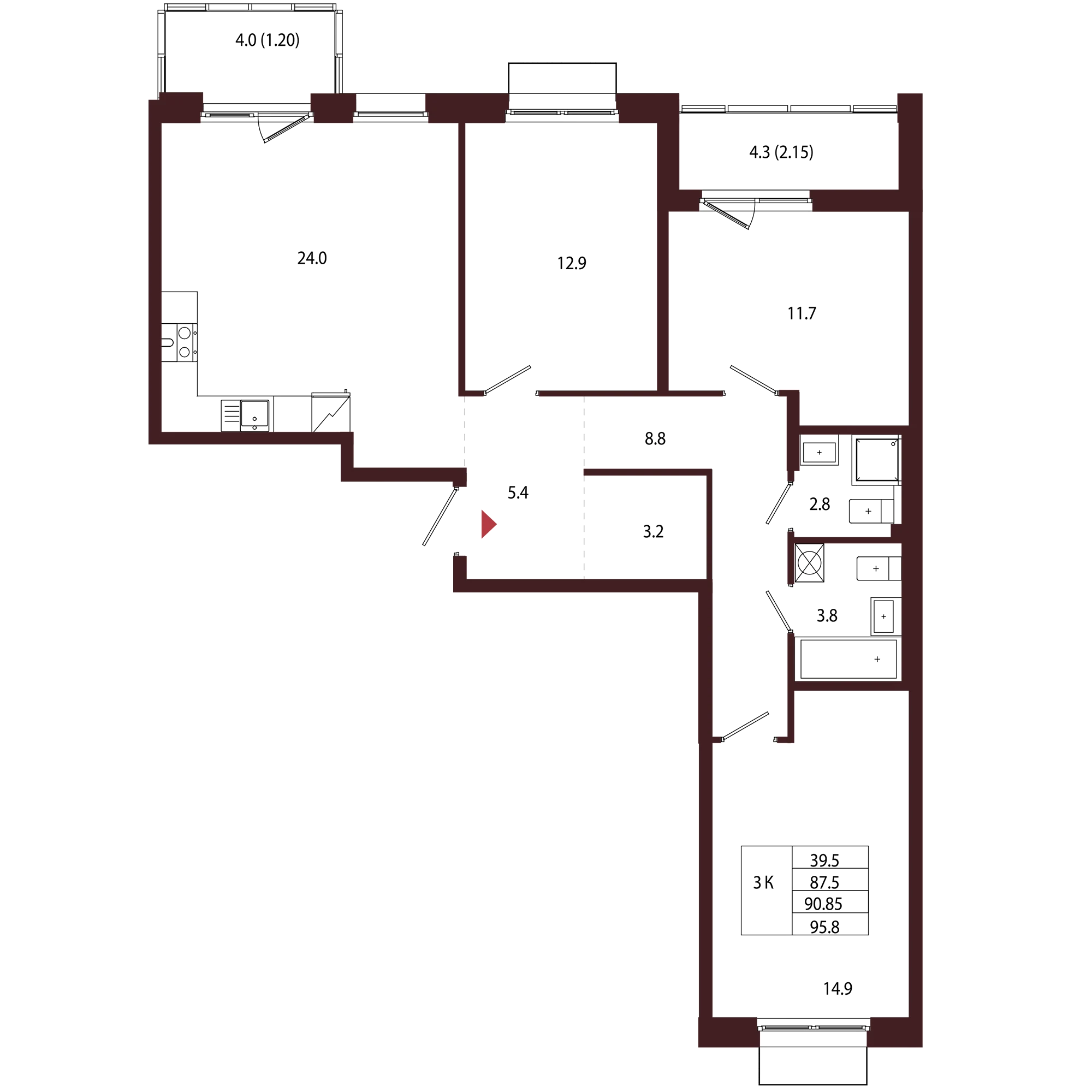Планировка 3-комнатная 90,8 м² в ЖК «Город-парк «Лисино» — Город-парк «Лисино»